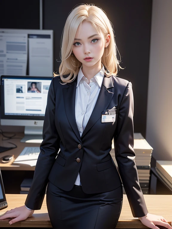 (best quality, 8k, highres, photorealistic:2.0), (solo, one girl:2.0),(lighting: front),(lighting: strong),(ultimate beautiful girl:2.0),(shiny skin),(oily skin),(platinum blonde hair:1.5),Blush brown makeup , dark eye makeup , use pink glossy lipstick,(big eyes girl:1.5),(woman with slender figure:1.5),(Photographed in the sophisticated office of an information technology company:1.8),(elite business woman:1.8),(girl amazing sex appeal:1.5),(ultimate eleance),(ultimate erotic),(Career woman who can work very well),(I'm so absorbed in work that I don't have a boyfriend),(woman not interested in love),(I'm not interested in fashion),(I wear accessories that do not interfere with my work.),(she has no love experience at all),(she feels alone),(She is not good at talking to men),(she is shy and silent),(I don't want to stand out and I'm concerned about people's attention),(She has a dark personality and negative thoughts.),(she suffers from depression),(She has many complexes and has no one to rely on.),(wearing business clothes),(A woman who takes her work seriously),(I'm a little unwell),(I like coffee and drink it all the time),(She has a hobby that she cannot tell anyone about, and that is masturbation.)