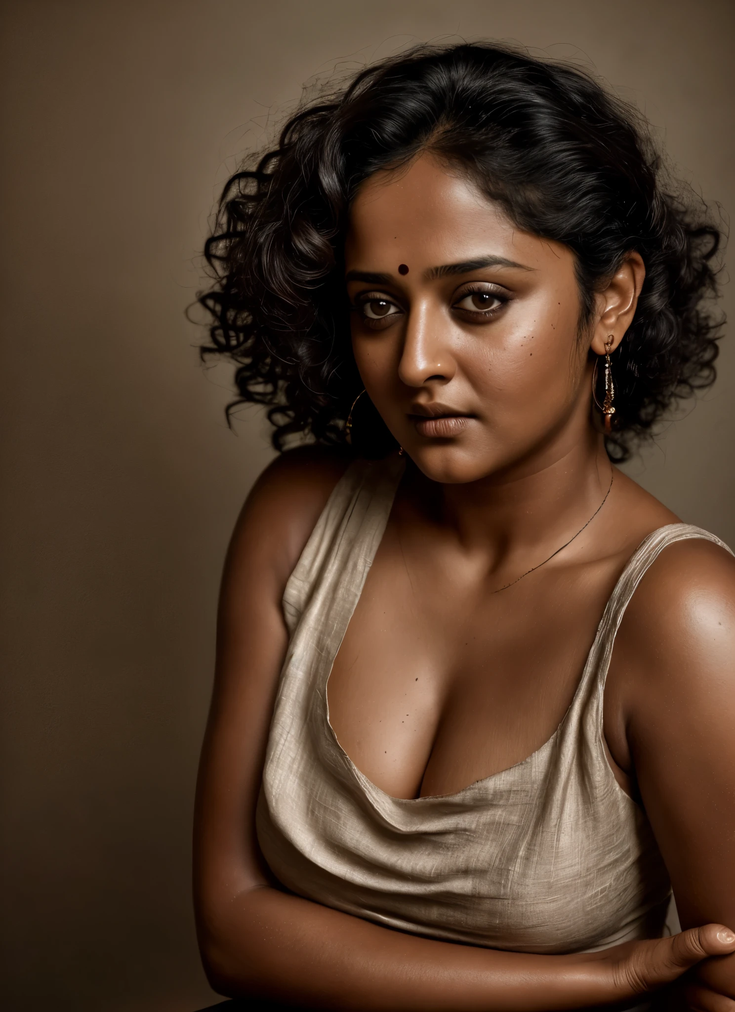 Looks like Anushka Shetty, a photo portrait of a beautiful girl 40 years old, with curls, styled black hair, (face portrait:1.5), dramatic light, Rembrandt lighting scheme, bust shot, linen tank top , top quality editorial photograph, skin texture, skin pores, chocolate skin, high quality skin, top quality photography, professional photography, professional retouching, insane detailing, warm moody tones, 