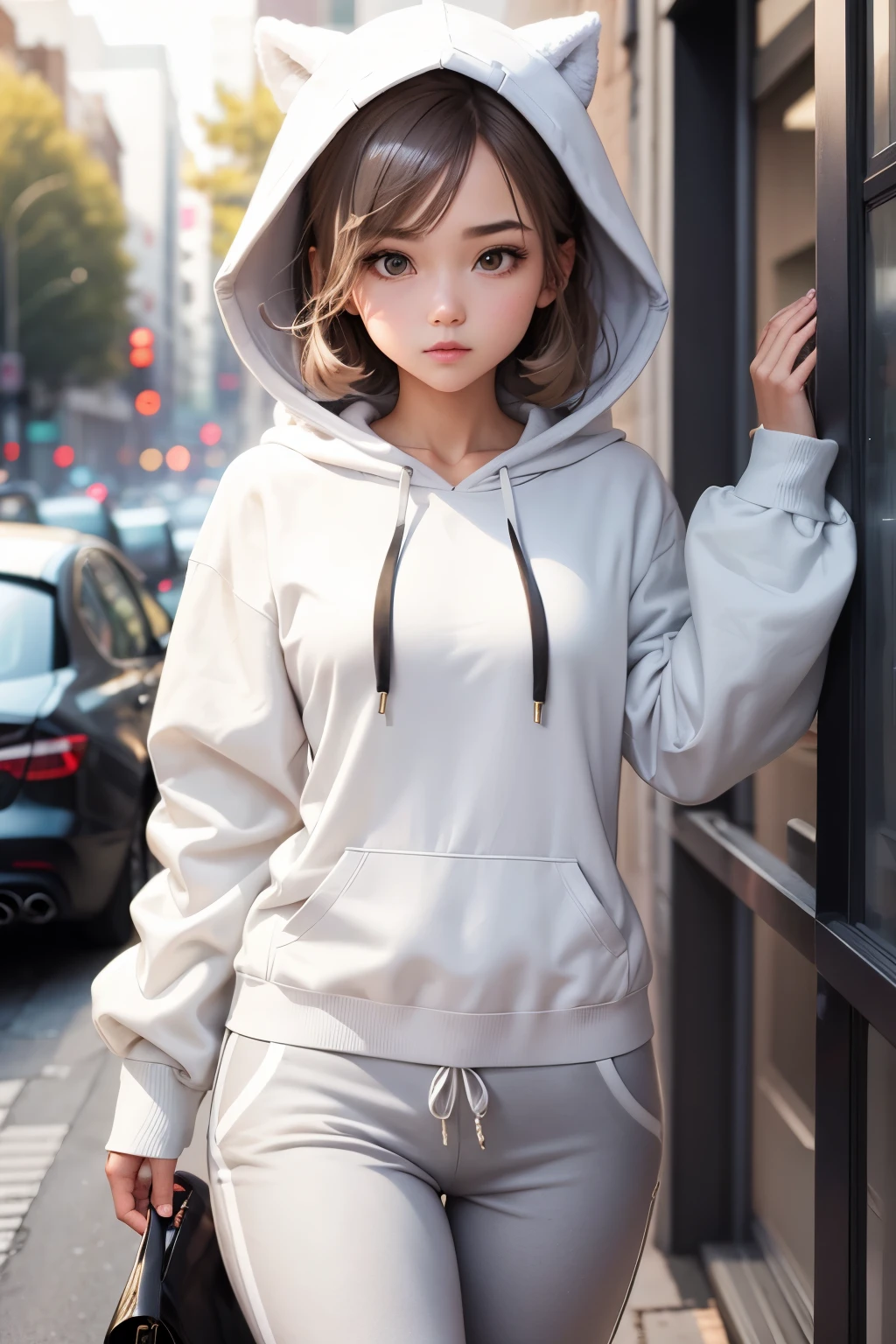 Cute girl, white hoodie, gray pants