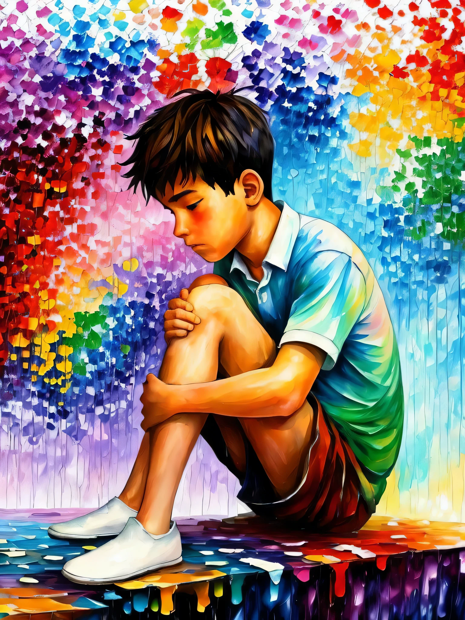 an abstract painting of a boy looking sad and selling rainbows, in the style of Leonid Afremov