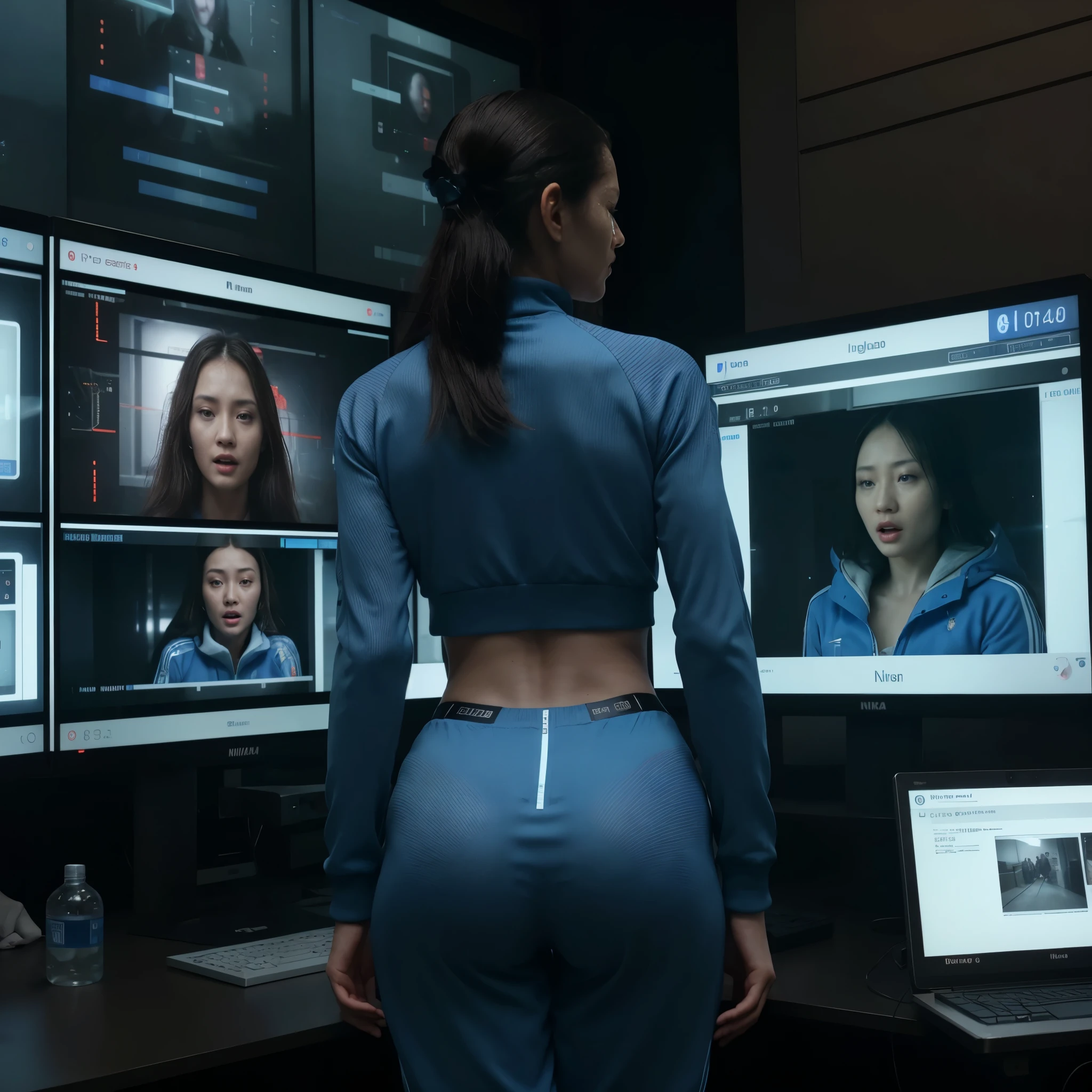 Surveillance room with MAN in blue tracksuit observing sleeping women on monitor, futuristic setup with high-tech surveillance monitors, detailed, cinematic, ethereal lighting, Dunhuang-inspired backdrop, Monster Scream element, complex composition, 8K analog photo, realistic film quality, photographed using Nikon F401, hyper-realistic, detailed electronics, wires, buttons, LCD, mysterious atmosphere, 4K HDR, from behind perspective, by a master class artist
