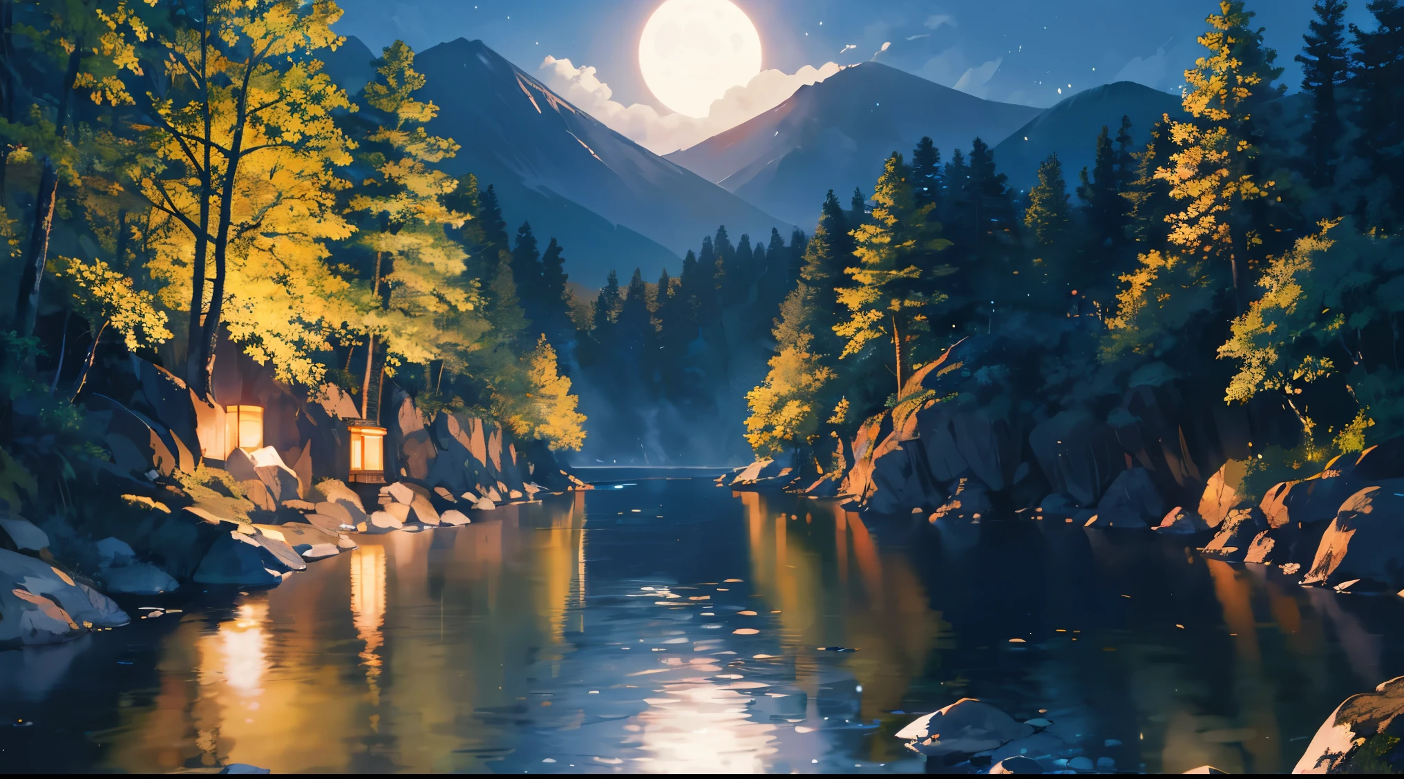the night, mont, Eau, The warm, A high resolution, Super sharp, 8K, tmasterpiece, Reflectors, jpn, rays of moonlight, naturey, Zen Buddhism,hyper realisitc