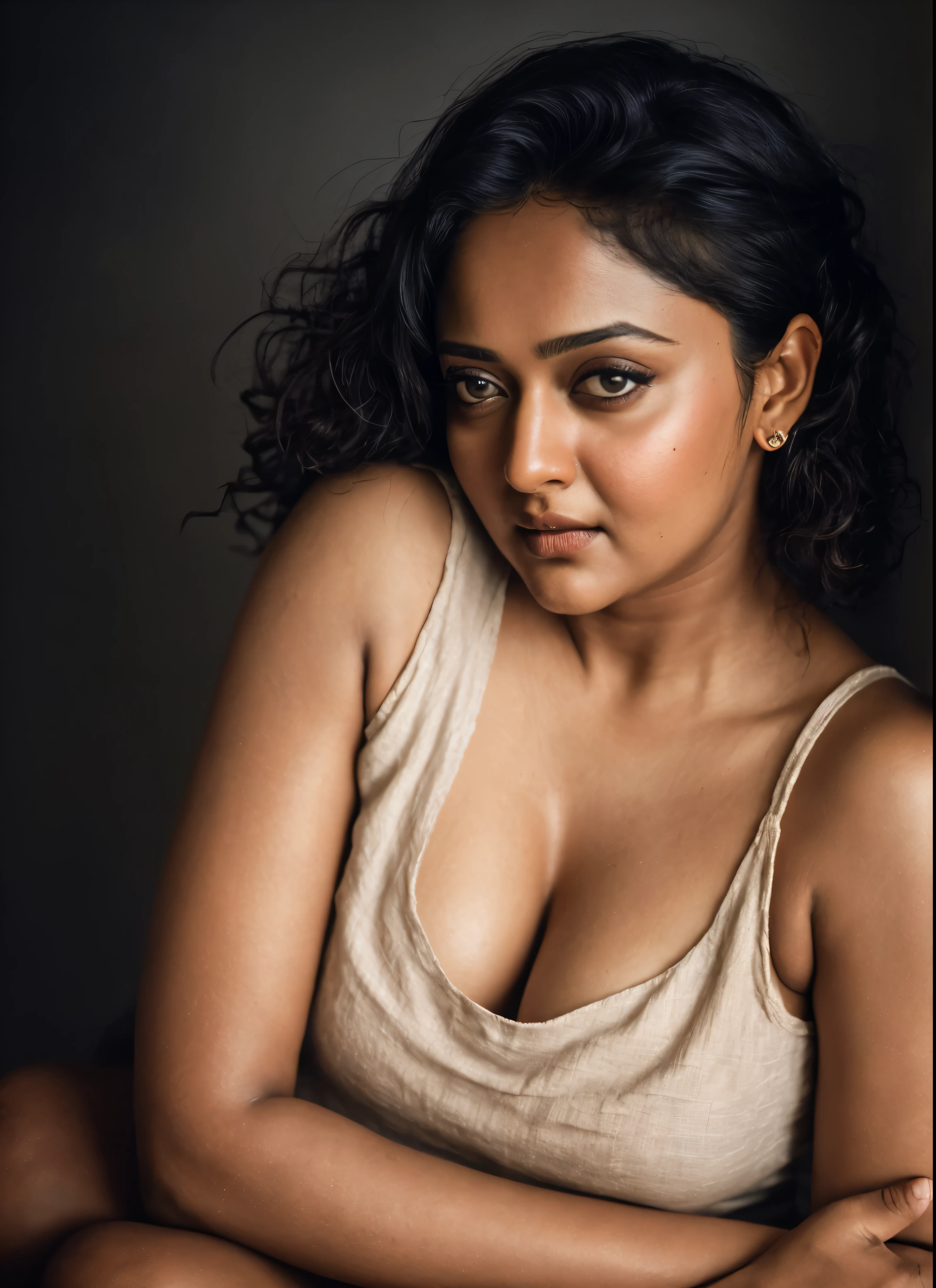 Looks like Anushka Shetty, a photo portrait of a beautiful girl 40 years old, with curls, styled black hair, (face portrait:1.5), dramatic light, Rembrandt lighting scheme, bust shot, linen tank top , top quality editorial photograph, skin texture, skin pores, chocolate skin, high quality skin, top quality photography, professional photography, professional retouching, insane detailing, warm moody tones, 