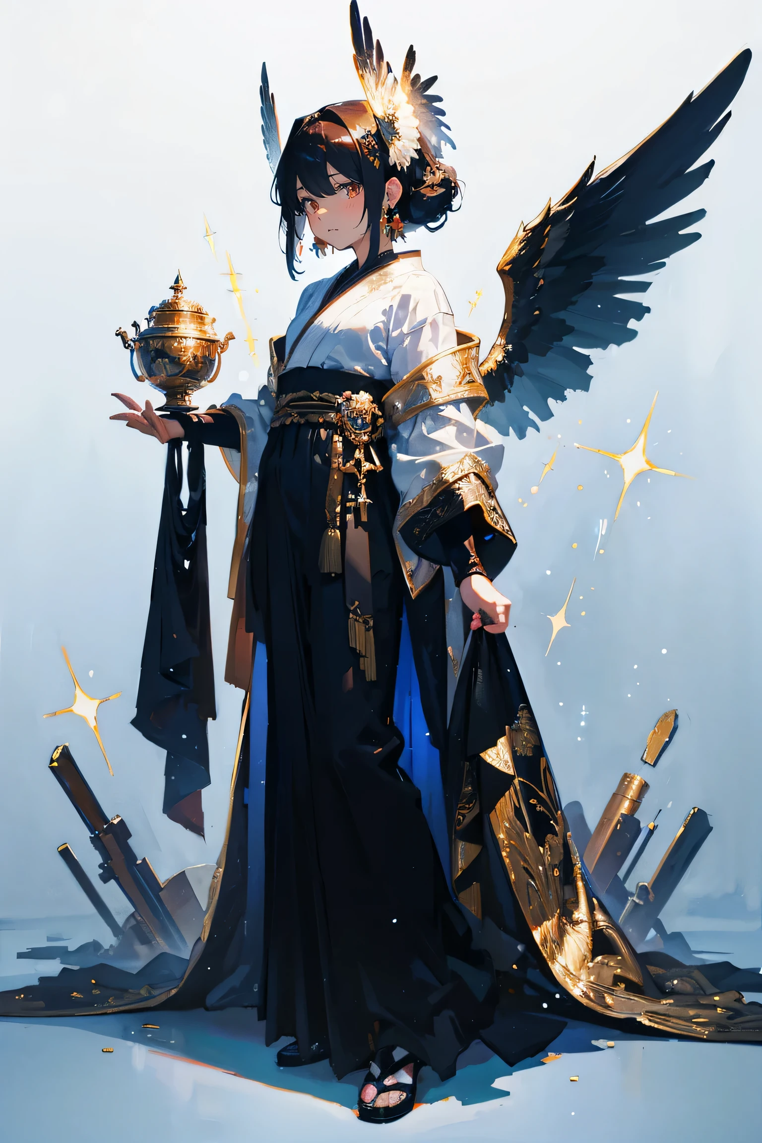 oil painting , A dark angel with six wings, four faces, and many eyes, inspired by the biblical description of cherubim,anime style ,hd formal, fancy, sparkle,simple background,black envoirment