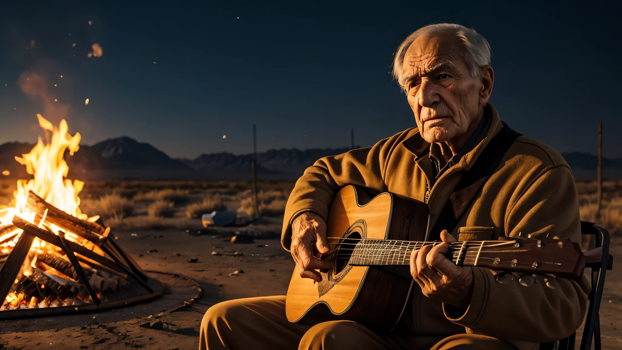 elderly russian man, wrinkled face, playing a sad guitar tune, sitting by a campfire in a desolate atomic wasteland, computer background, highly detailed