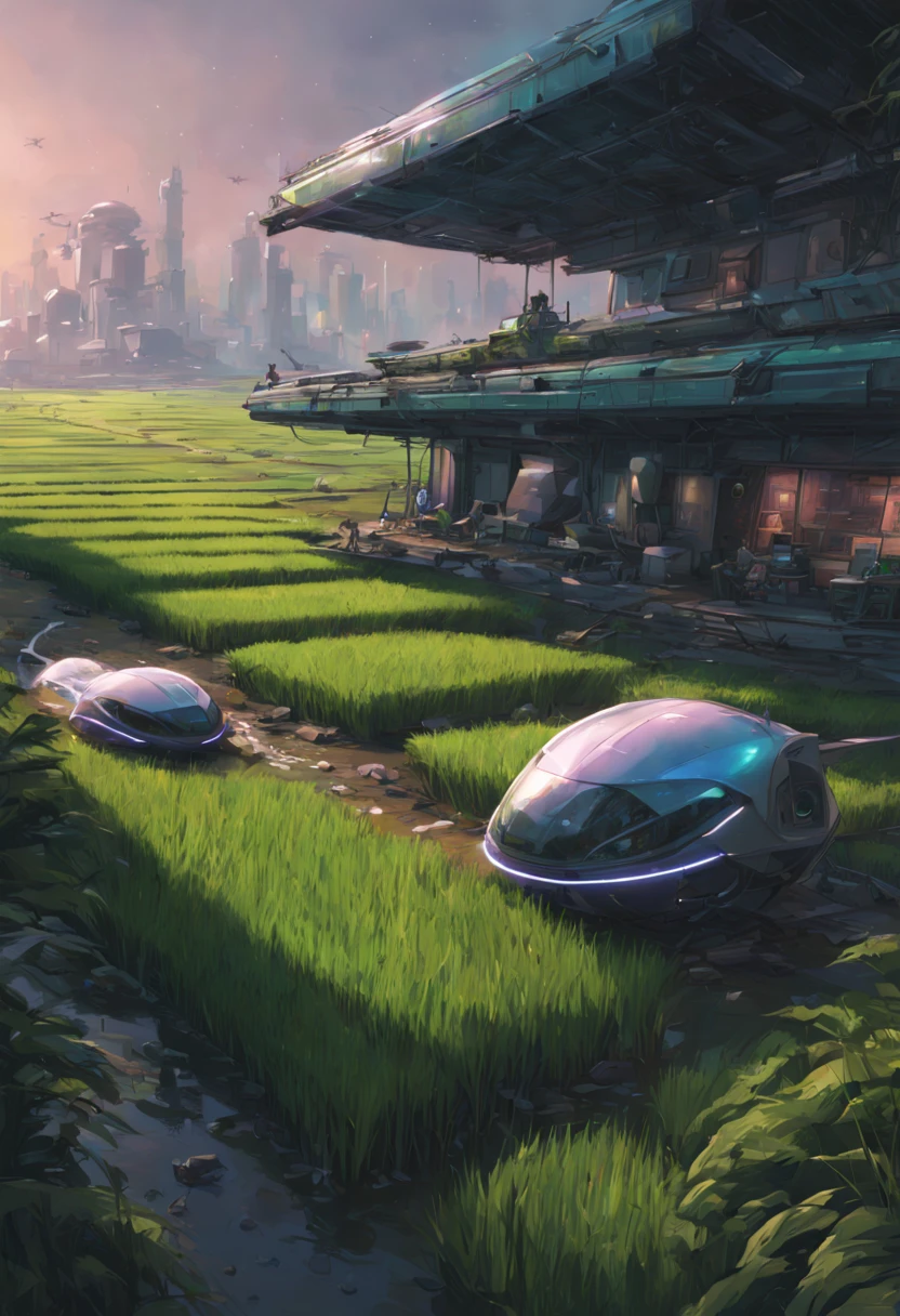 Type of Image: Concept Art Sketch, Subject Description: A futuristic rice paddy with advanced agriculture drones flying overhead, Art Styles: Cyberpunk, Art Inspirations: Syd Mead, Camera: fish-eye, Shot: POV, Render Related Information: detailed, neon lighting, volumetric light, aesthetic