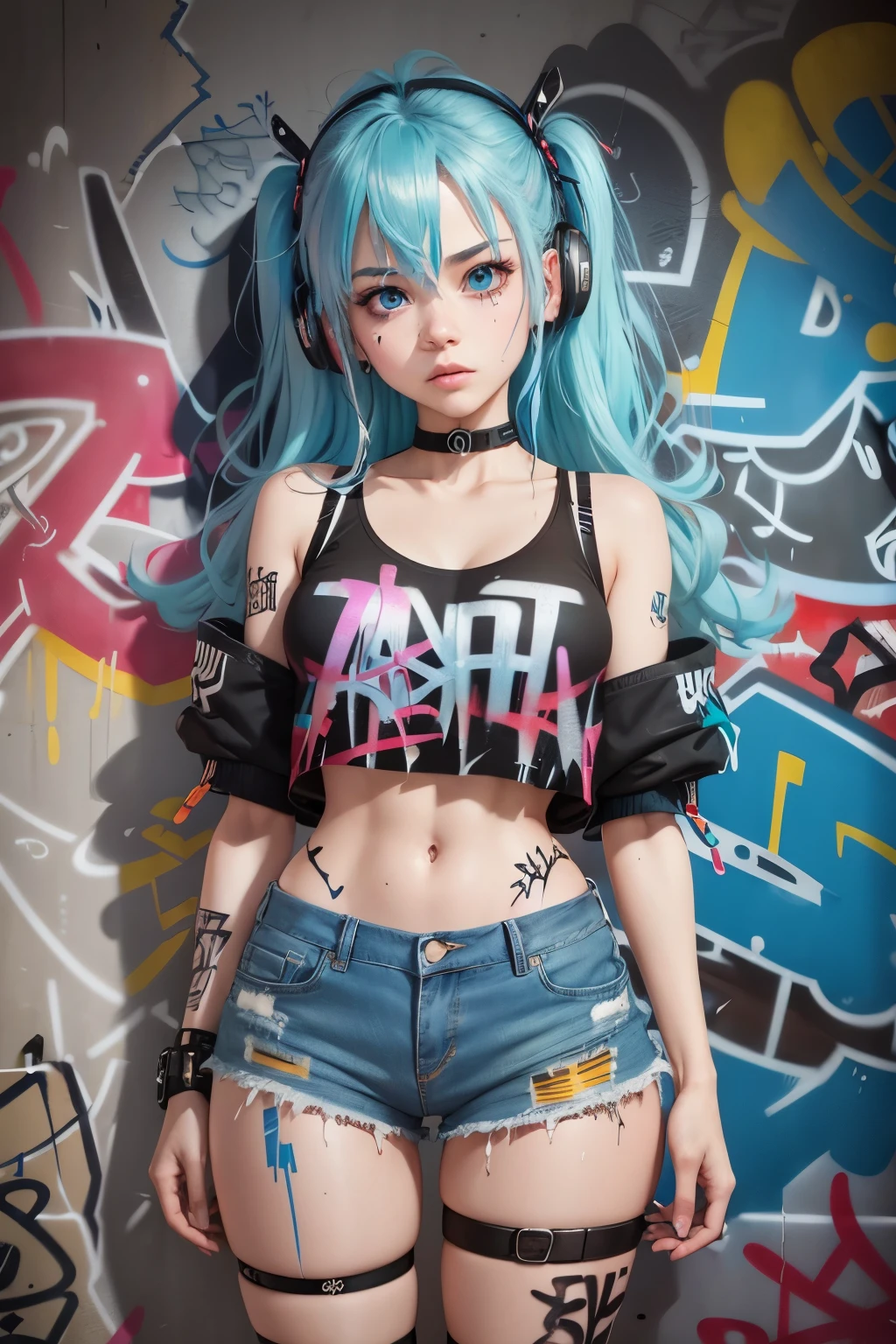 masterpiece, best quality, (extremely detailed CG unity 8k wallpaper, masterpiece, best quality, ultra-detailed, masterpiece, best quality, 1boy, solo, crop top, denim shorts, choker, (graffiti:1.5), paint splatter, arms behind back, against wall, looking at viewer, armband, thigh strap, paint on body, head tilt, bored, multicolored hair, aqua eyes, headset, Shoto Todoroki , clear eyes,