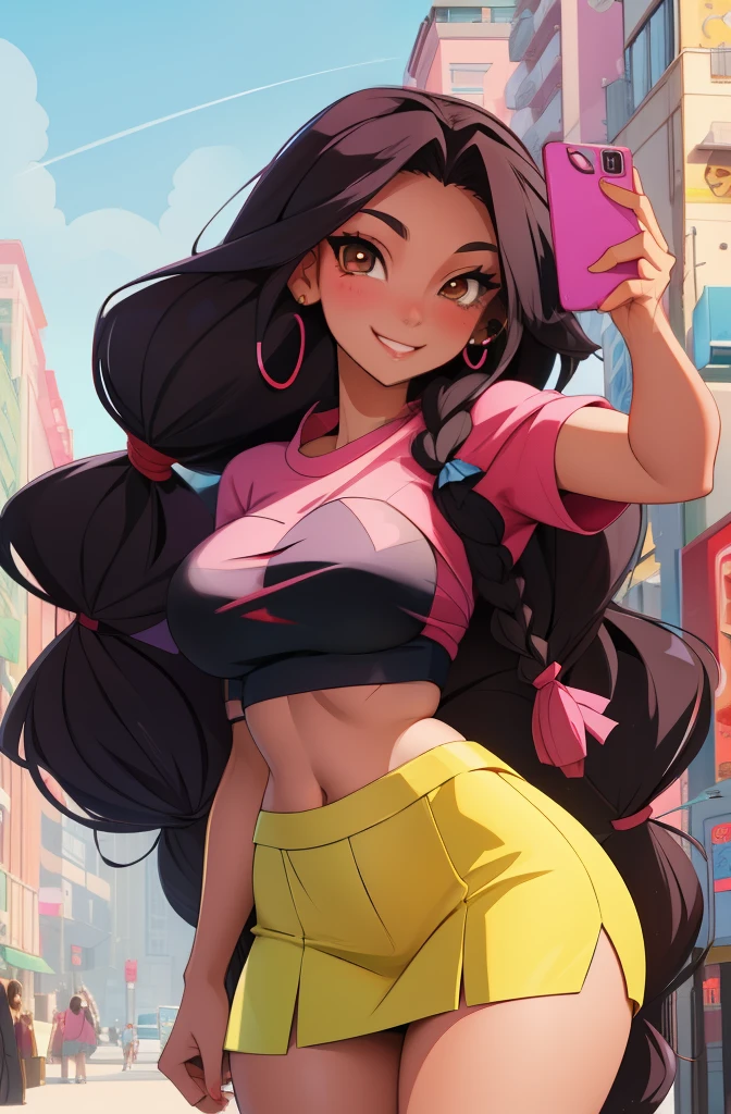 anime, 28 year old woman, taking a selfie, mischievous smile, long hair, dark hair color, stylish hairstyle, side hair long lush hair, long curls of hair pulled to the sides, Braids within the hair, curvy body, proportional body, sexy girl, beautiful mature girl, lovable character, crop top, short skirt, clarity, detailed, detailed face, very detailed drawing, smile, flirty look, city background, saturated background, perfect composition, soft natural volumetric cinematic perfect light, masterpiece