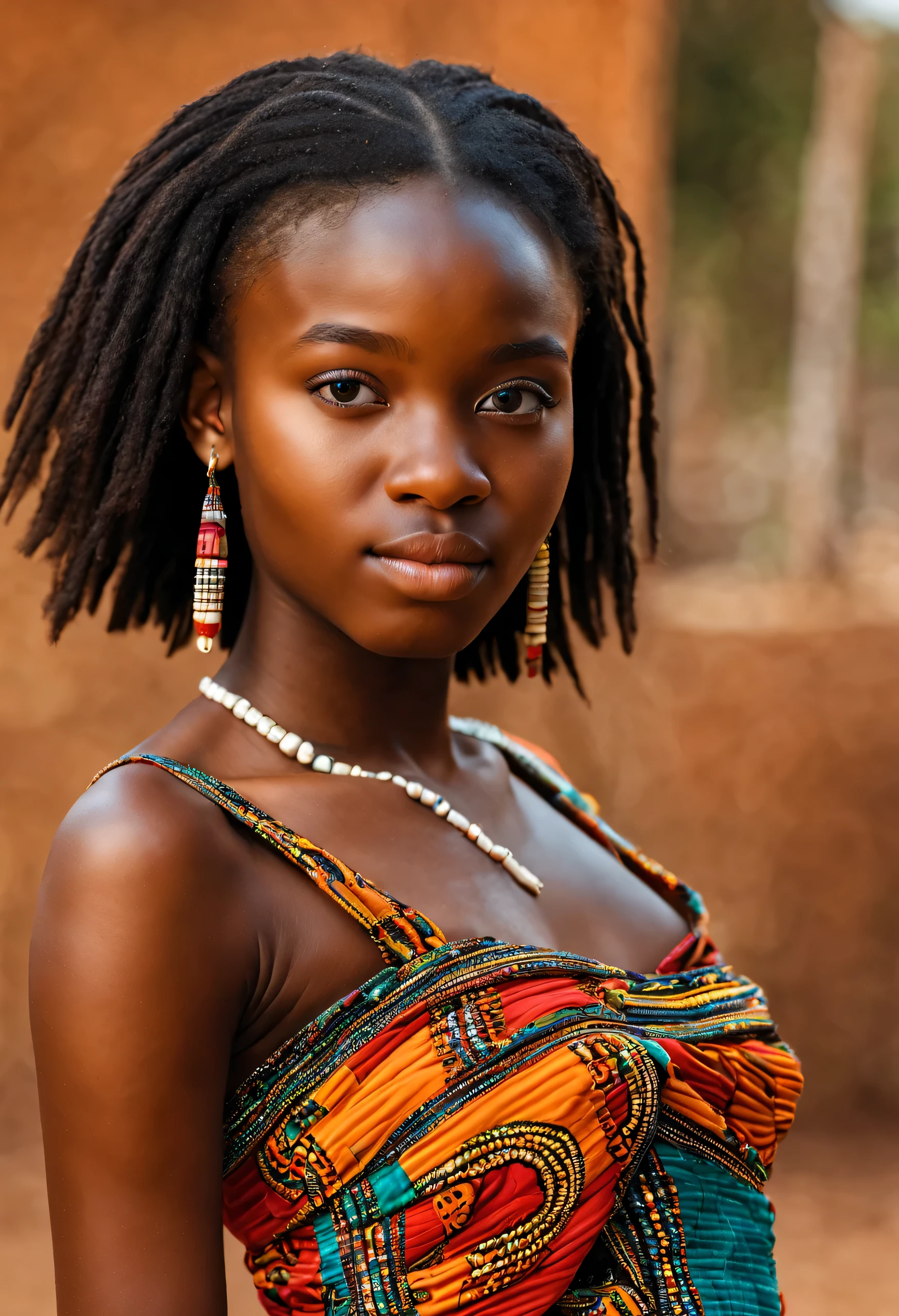 A cute hot african half naked woman tribe himba in african plains, thick jumbo braids, brown skinned stunningly beautiful Girl, brown light eyes detailed, Photograph captured using a Canon 6D Mark II with an 85mm lens at f/ 4 and ISO, chiaroscuro, Glamour shot, award - winning photograph, detailed skin texture, sharp focus, dramatic lighting, post - processed film grain, painting, drawing, illustration, render, 3d render