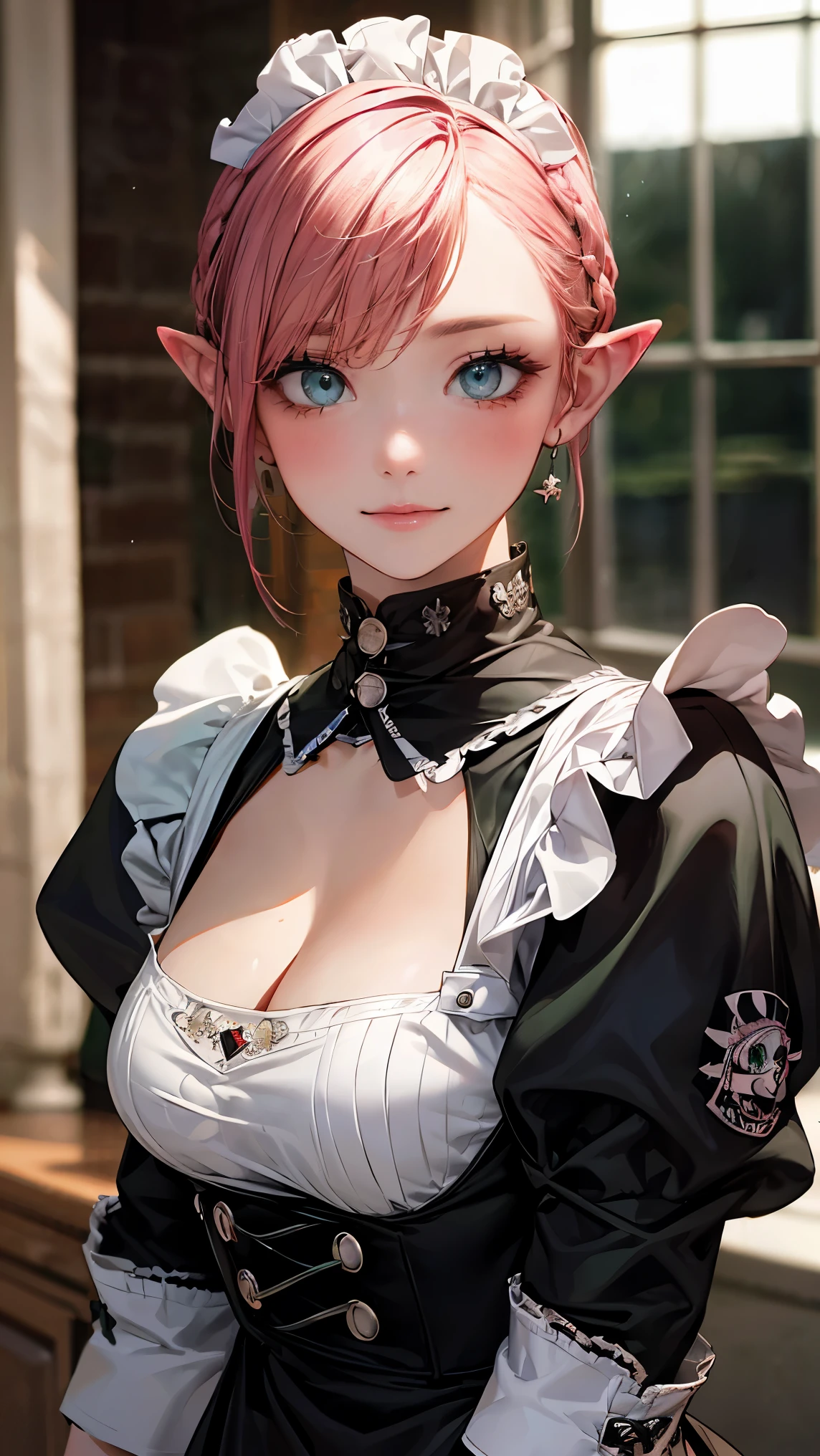 (masterpiece:1.2, highest quality), (realistic, photorealistic:1.4), beautiful illustrations, (natural side lighting, movie lighting), looking at the viewer, Upper body, (Front view), 1 girl, perfect face, Cute symmetrical face, shiny skin, baby face, long eyelash, (large breasts), (wide hips),beautiful hair, beautiful face, detailed and beautiful eyes, beautiful body, beautiful breasts, beautiful thighs, beautiful feet, beautiful fingers,(beautiful scenery),(cute smile:1.3, upper eye),(elf),(long pointy-eared:1.4),earrings,femalepunk, Apron, Black Dress, Blurry, Blurry background, Blurred foreground, blush, braid, depth of fields, Dress, eyebrows visible through hair, frilld, gloves, hair between eye, Indoors, Jewelry, juliet sleeves, Long sleeves, Looking at Viewer, maid, maid apronl, Maid headdress, Puffy sleeves, Short hair, White Apron, window,hposing Gravure Idole,tall,cafes,(Punk Rock style:1.6),(cleavage;0.5),(green eyes:1.5)