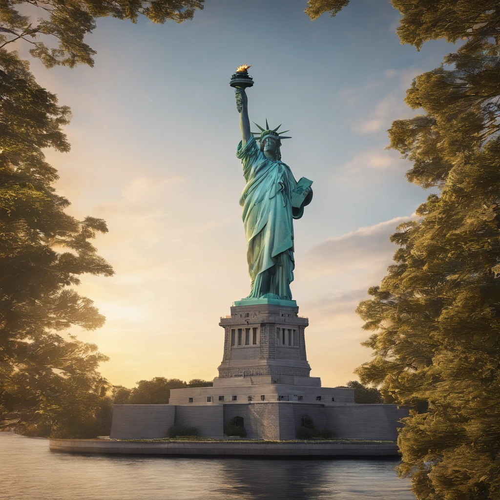 The Statue of Liberty is a prominent symbol of freedom and liberty. It is a colossal neoclassical sculpture located on Liberty Island in New York Harbor. The statue depicts a robed female figure representing Libertas, the Roman goddess of freedom and was a gift from France to the United States. Photo-realistic close-up of the Statue of Liberty with extreme detail description, capturing the intricate facial features, including beautifully sculpted eyes, detailed lips, and a graceful expression. Best quality high-resolution image (4k, 8k, or masterpiece:1.2) showcasing the stunning craftsmanship and precision of the statue. The statue stands tall against a backdrop of a golden sunset and a clear blue sky, creating a vibrant and vivid color palette. Studio lighting illuminates the statue, highlighting its majestic presence. The Statue of Liberty is portrayed in a classical art style, reminiscent of neoclassical sculpture, paying homage to the historical significance and artistry of the statue. The statue is surrounded by lush greenery and a serene waterfront, adding a sense of tranquility to the scene. In the distance, a bustling cityscape can be seen, symbolizing the location of the statue and its connection to the thriving metropolis of New York City. Overall, the prompt captures the grandeur, beauty, and symbolic value of the Statue of Liberty, inviting Stable Diffusion to generate a visually stunning and iconic representation of this national monument.