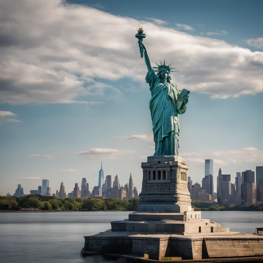 The Statue of Liberty is a prominent symbol of freedom and liberty. It is a colossal neoclassical sculpture located on Liberty Island in New York Harbor. The statue depicts a robed female figure representing Libertas, the Roman goddess of freedom and was a gift from France to the United States. Photo-realistic close-up of the Statue of Liberty with extreme detail description, capturing the intricate facial features, including beautifully sculpted eyes, detailed lips, and a graceful expression. Best quality high-resolution image (4k, 8k, or masterpiece:1.2) showcasing the stunning craftsmanship and precision of the statue. The statue stands tall against a backdrop of a golden sunset and a clear blue sky, creating a vibrant and vivid color palette. Studio lighting illuminates the statue, highlighting its majestic presence. The Statue of Liberty is portrayed in a classical art style, reminiscent of neoclassical sculpture, paying homage to the historical significance and artistry of the statue. The statue is surrounded by lush greenery and a serene waterfront, adding a sense of tranquility to the scene. In the distance, a bustling cityscape can be seen, symbolizing the location of the statue and its connection to the thriving metropolis of New York City. Overall, the prompt captures the grandeur, beauty, and symbolic value of the Statue of Liberty, inviting Stable Diffusion to generate a visually stunning and iconic representation of this national monument.