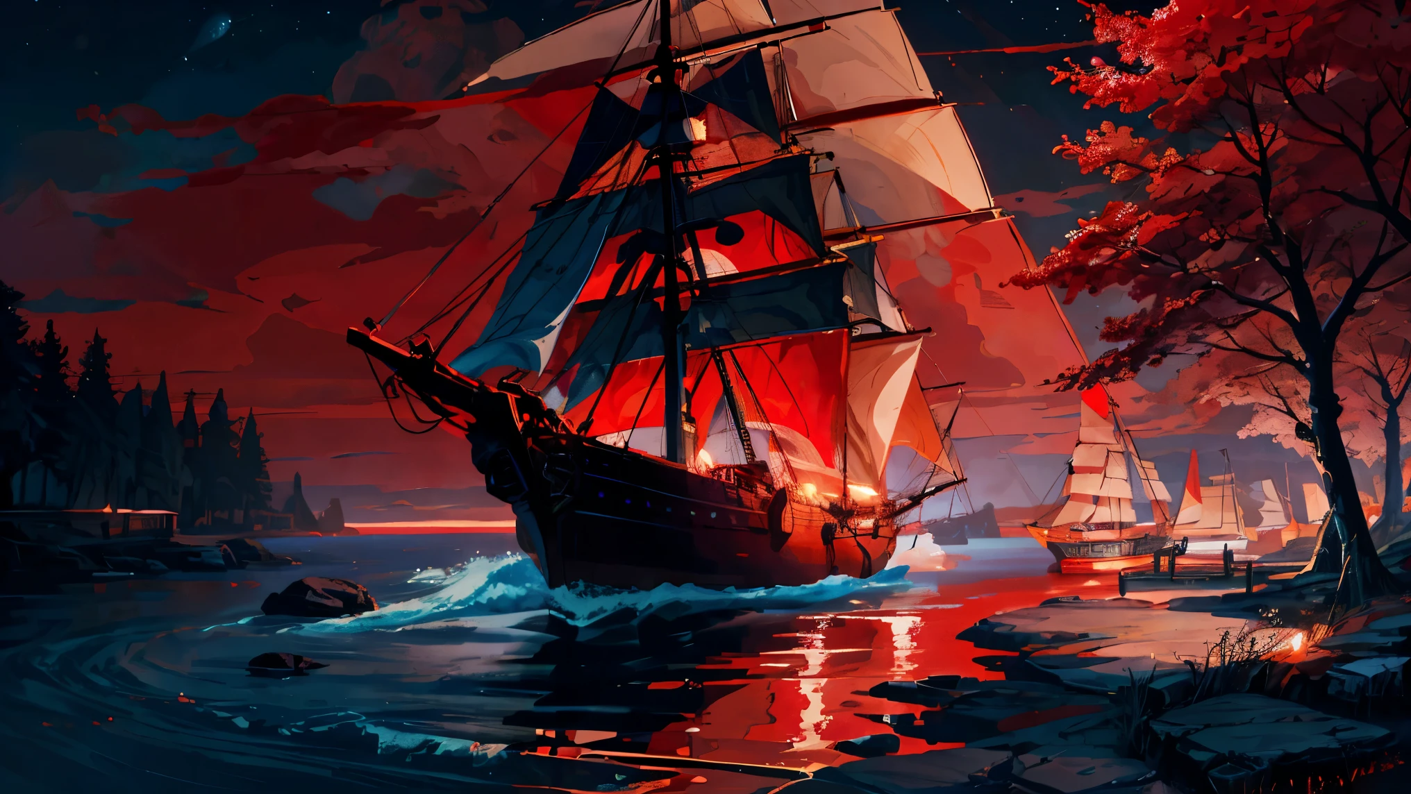 Night time, a ancient marchent ship , sailing, crimson moon ,red trees , river ,high tide,rock, calm, mesmerizing view, moonlight scenary,mesmerizing view,,digital painting,wind up,concept art, illustration,(( red theme))
