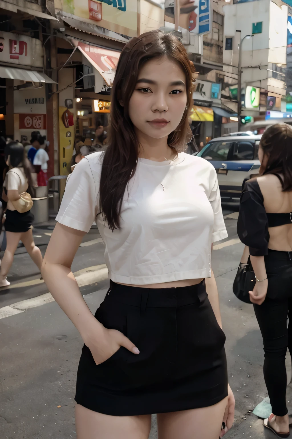 arafed asian woman in a white shirt and black skirt posing for a picture, gorgeous young thai woman, beautiful thai woman, thai girl, beautiful young thai woman, thai women's fashion model, thai woman, wearing tight shirt, photorealistic perfect body, tight shirt, beautiful asian girl, 8k artgerm bokeh, wearing tight simple clothes, background at street in bangkok