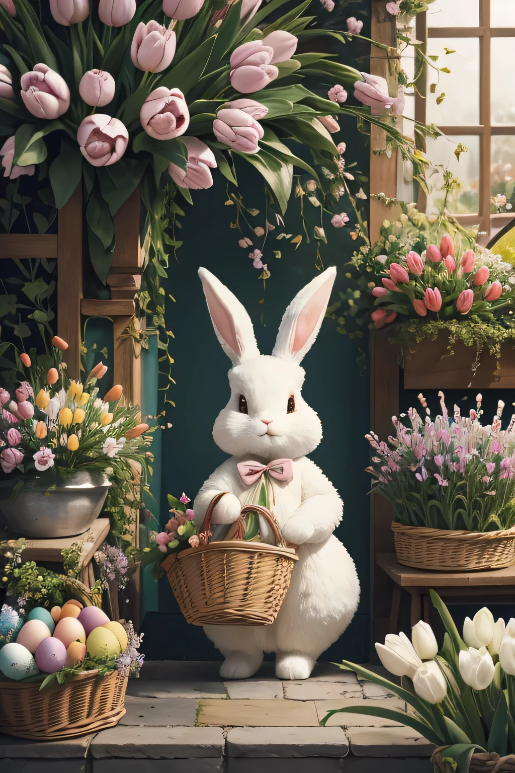 "Produce a high-quality work of art that encapsulates the essence of Easter in a unique and memorable way. Na cena, an elegantly dressed anthropomorphic rabbit holds a wicker basket adorned with satin ribbons, containing a collection of meticulously hand-painted eggs. O coelho fica em um jardim exuberante, where tulips and lilies in full bloom create a palette of vibrant colors and engaging textures. The soft light of dusk bathes the scene, highlighting every detail of the composition and evoking a feeling of serenity and enchantment. The artistic precision and richness of details must convey the magic and celebration of the Easter season, captivating the viewer with its beauty and sophistication."