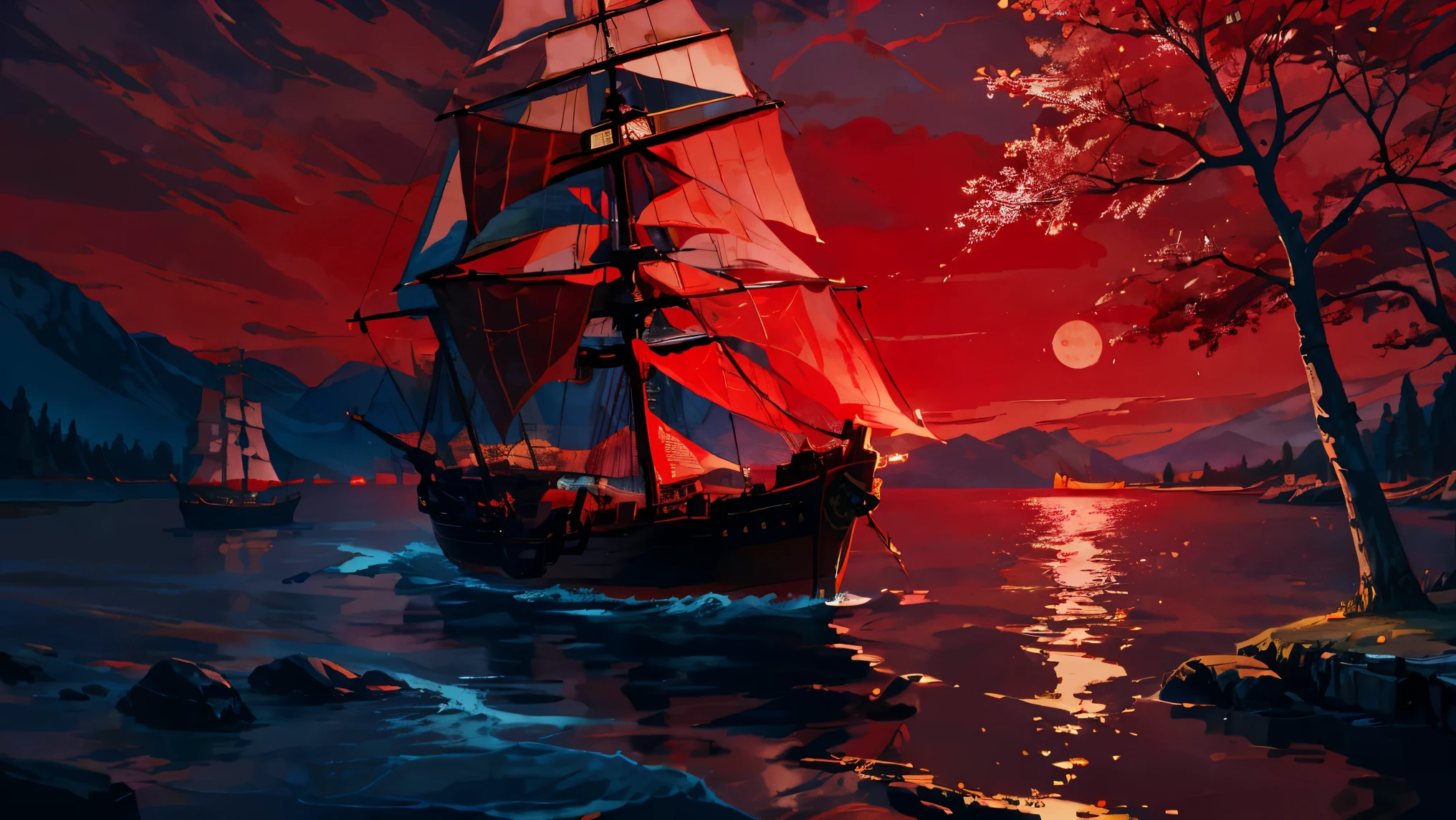 Night time, a ancient marchent ship , sailing, crimson moon ,red trees , river ,high tide,rock, calm, mesmerizing view, moonlight scenary,mesmerizing view,,digital painting,wind up,concept art, illustration,(( red theme))