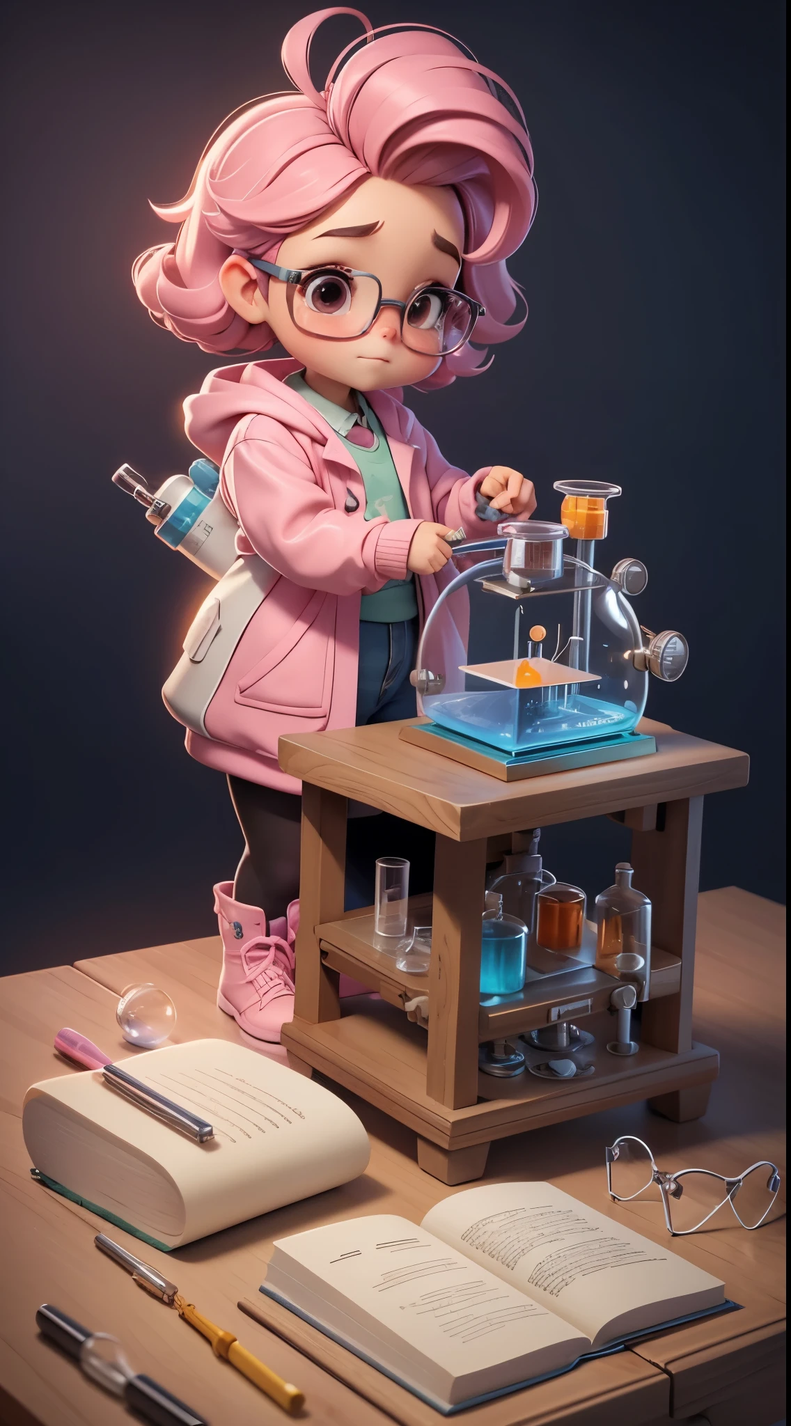 Cute Baby Chibi Anime ,cabelo roxo  claro,(melhor qualidade, obra de arte), 1 garota, Pose, Vento, flor, tronco, Esquema de cores branco e rosa, fundo simples, olhe para o espectadormelhor qualidade,ultra-detalhado,Realista,Science Laboratory,Chemical experiment,chemical equipment,cientistas trabalhando,copos,bico de Bunsen,microscope,laboratory glassware,measuring cylinders,jalecos,laboratory safety glasses,science books,Periodic table,scientific research,descobertas,new inventions,innovation,aprendizado,education,cultura Geek Geek veste um jaleco com detalhes pink, her coat is charming and cute with ultra chemical details ,Curiosidade,Technological advancements,cores vibrantes,soft lighting,modern laboratory,atmosfera nerd,laboratory instruments,hypothesis testing,Scientific method,symbolic representation,Critical thinking,experimentos geeks,precision,precision,detalhes intrincados,impressive scientific setup,elementos naturais,exploration of the mysteries of science,desvendando os segredos da natureza.