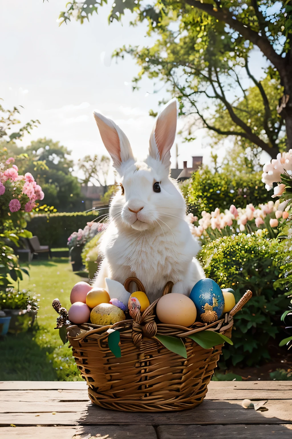 "Produce a high-quality work of art that encapsulates the essence of Easter in a unique and memorable way. Na cena, an elegantly dressed anthropomorphic rabbit holds a wicker basket adorned with satin ribbons, containing a collection of meticulously hand-painted eggs. O coelho fica em um jardim exuberante, where tulips and lilies in full bloom create a palette of vibrant colors and engaging textures. The soft light of dusk bathes the scene, highlighting every detail of the composition and evoking a feeling of serenity and enchantment. The artistic precision and richness of details must convey the magic and celebration of the Easter season, captivating the viewer with its beauty and sophistication."