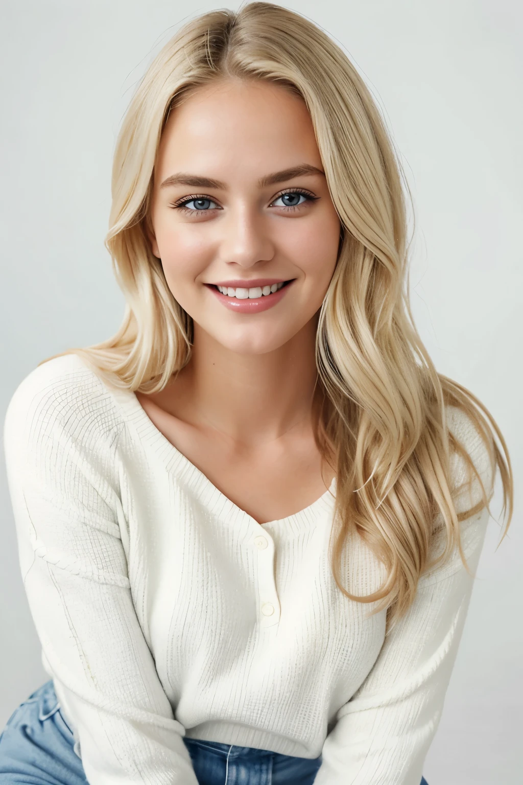 1 blonde European girl, braun eyes, blonde hair, blue pullover, white background, smiling gently, making eye contact with the viewer, showing a hint of dimples on her cheeks, wearing casual jeans and white sneakers, Her hair cascades down her shoulders in soft waves, adding to her charming and approachable demeanor. The white background effectively highlights her personal radiance. (Realistic and high-quality image.)