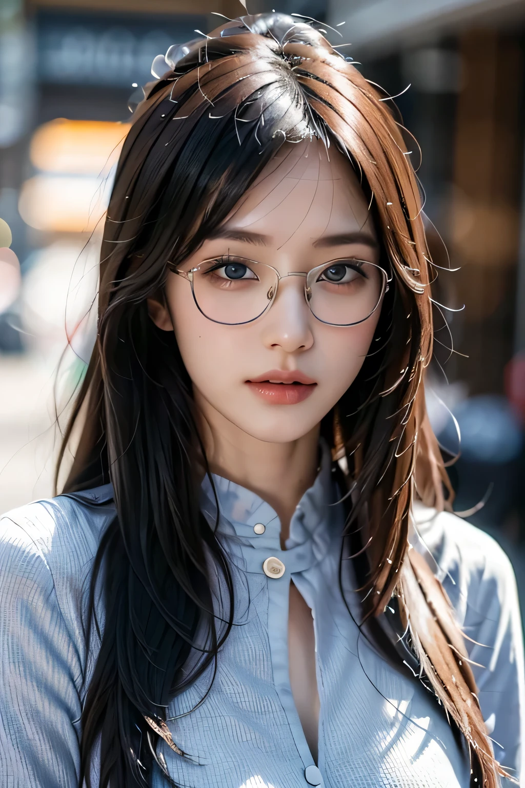 ８ｋ、High resolution、Kanban Lady、beautiful girl、gothic costume、young、white skin,、narrow eyes,high nose,lighting that illuminates the face、clear image、intellectual beauty、skinny、no makeup、anxious look、lighting that illuminates the face,shining hair、single eyelid,blue eyes、at shop、vivid pose、female clerk,wearing glasses