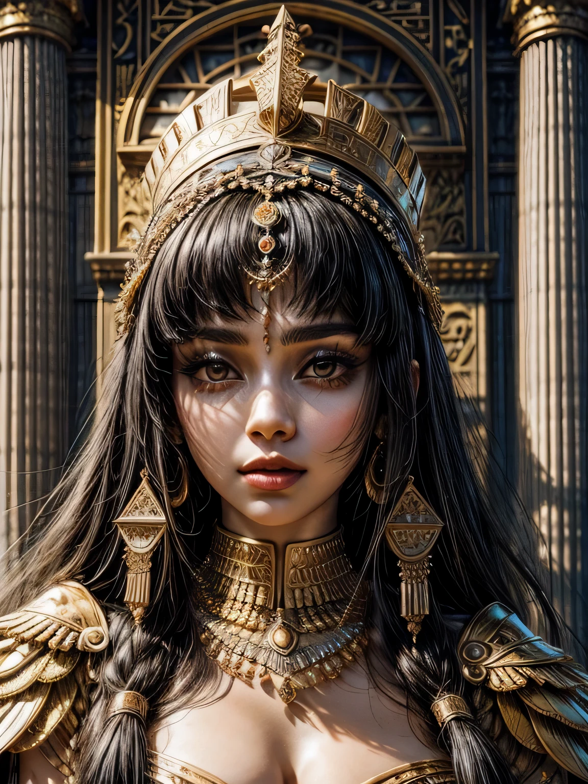 A woman dressed like Cleopatra。reminiscent of egypt。beautiful face。wearing ethnic makeup。style like a queen。A dignified appearance。high quality。full body photo。Stand in nature。wearing a white dress