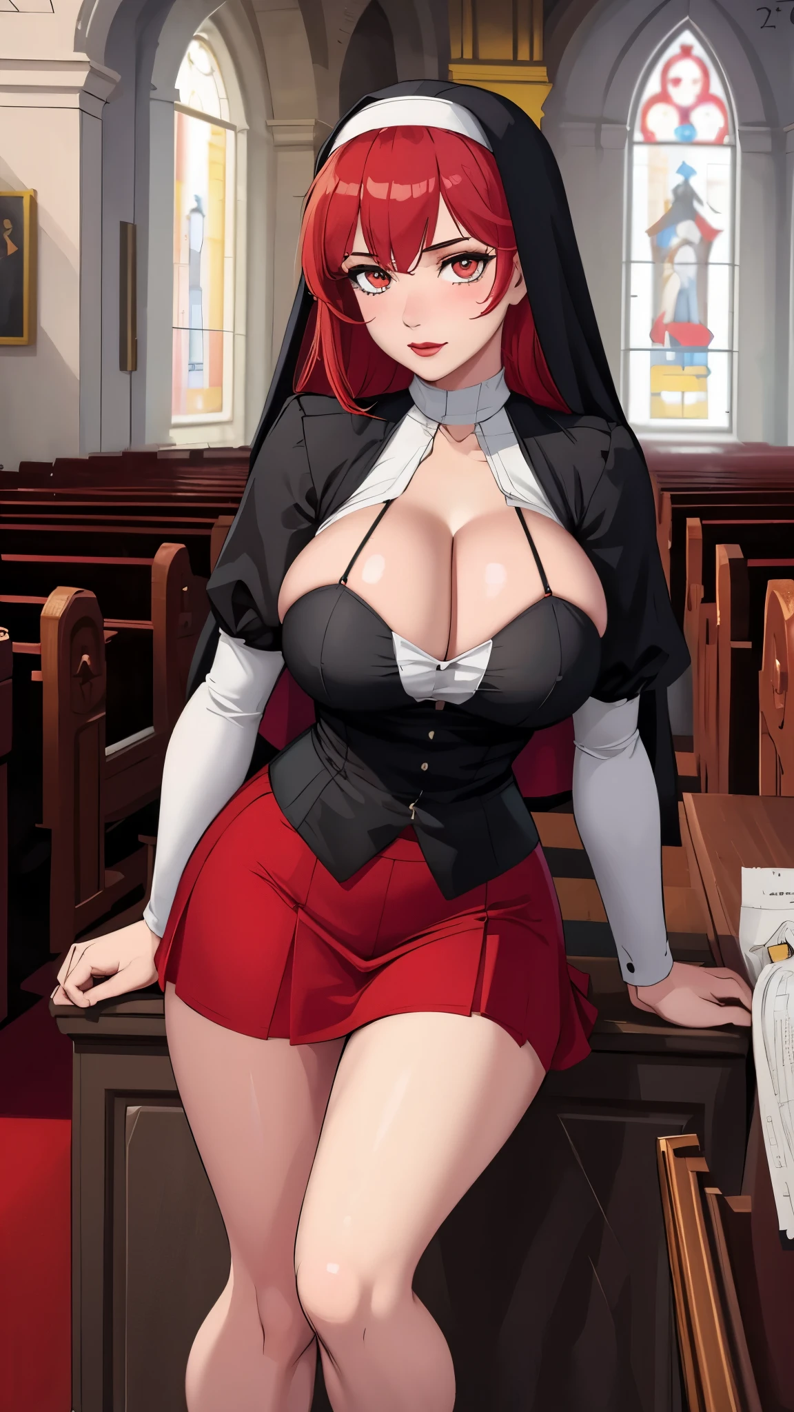 (masterpiece, best quality:1.2), aka6, 1girl, solo, huge breasts, red hair, looking at viewer, looking upwards, lips, red lips, blushing, closed mouth, church, nun, pale skin, cleavage, breasts pressing together, skirt, short skirt