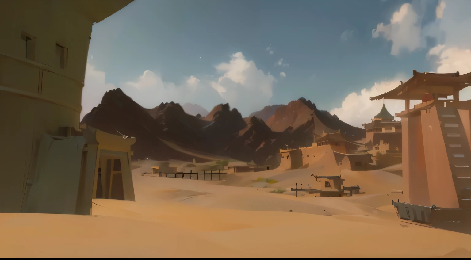 ((realistic light, best quality, 8k, Pianfei: 1.3)), ((Desert canyon dyed red by sunset)), Han Dynasty,Western Region,fortress in desert
