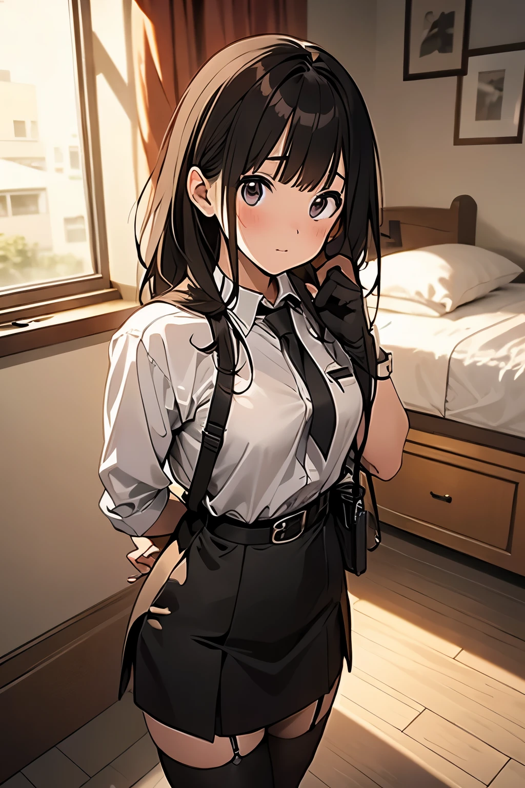 brown hair、looking at the viewer suspenders big swollen breasts black mini skirt garter belt knee high socks Aerial perspective small face bangs Beauty hands up sideways view black boots provocation one person cutter shirt hands behind put your hands behind your back Hands behind your back With your hands behind your back armed holster Belt Garter Bell Black Gloves with Holes A Hotel Room Bed wall side