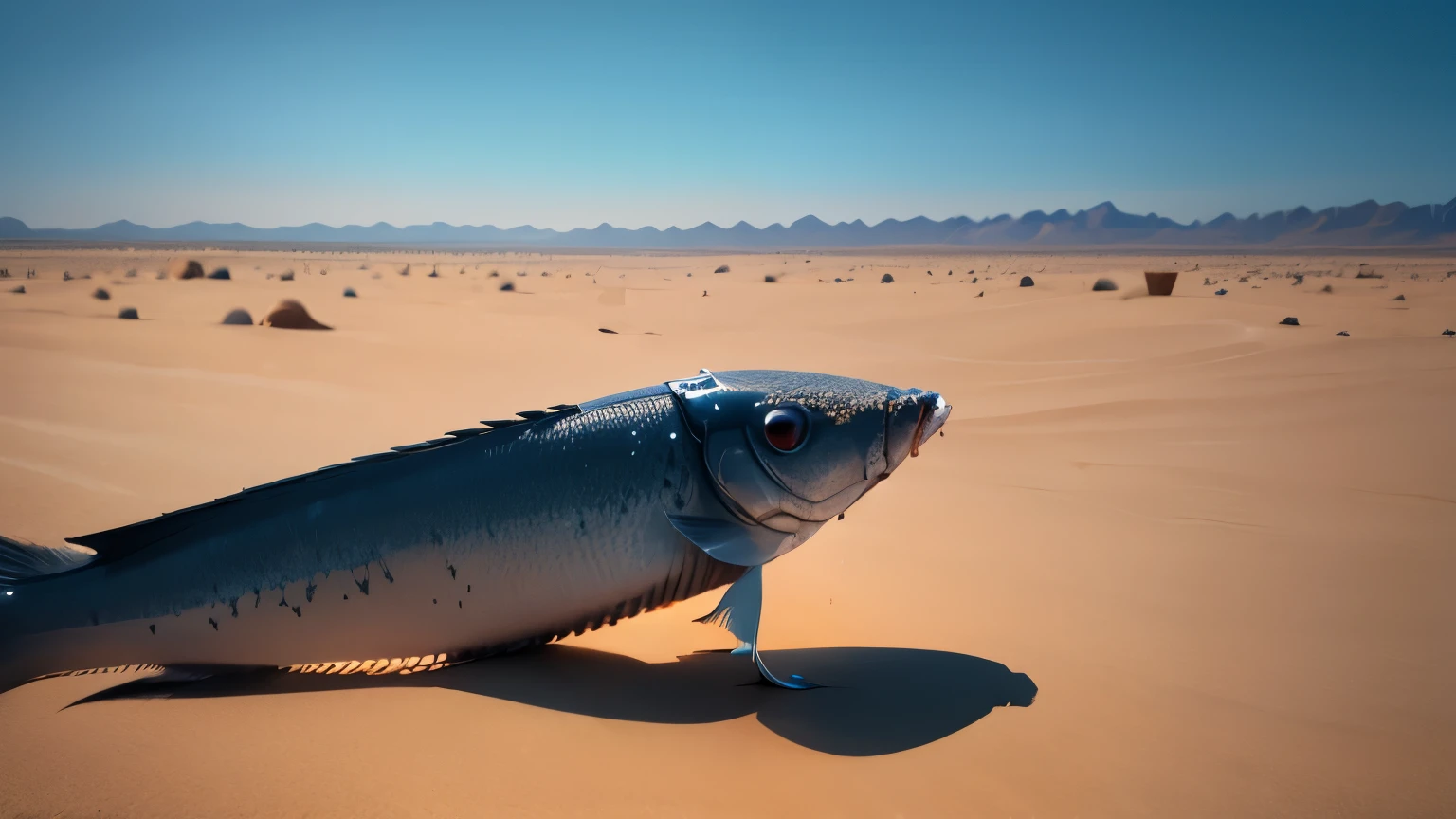 single small dead fish in extremely hot desert, bones showing, standing over it