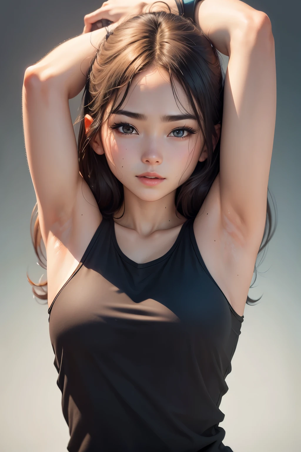 8k high resolution,detailded face,detailed bpdy,perfect body,ultra high quality,1 girl,sleeveless shirt,arms up,armpit, sweating
