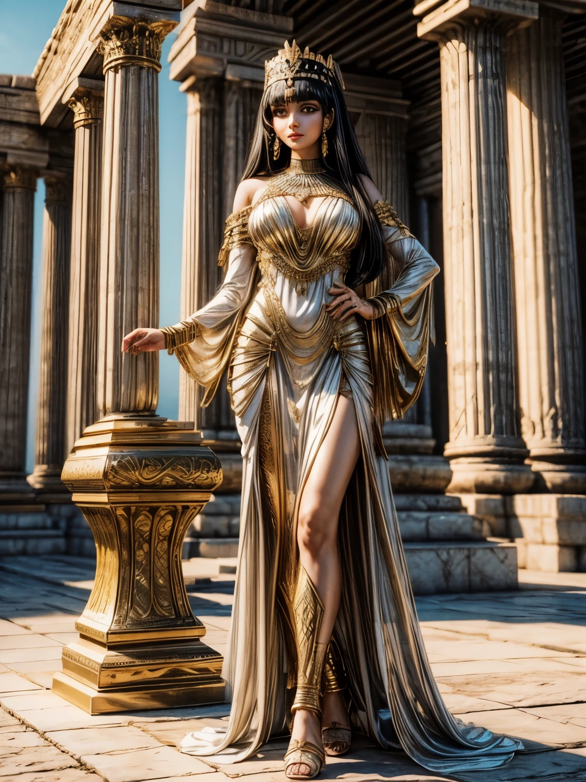 A woman dressed like Cleopatra。reminiscent of egypt。beautiful face。wearing ethnic makeup。Queen-like style。Dignified look。high quality。full body photo。Standing in nature。wearing a white dress。nice body。real。3D character
