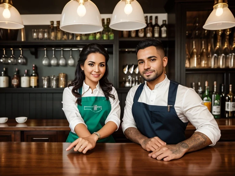 professional photo, Excellent quality, equipping the bar area of the restaurant, bar counter, bar equipment inventory out of focus, but prominent, you can see a little bit of the kitchen, restaurant kitchen equipment, professional kitchen and bar equipment, bartenders and cooks in the foreground, cute beautiful faces, expressions of anticipation on their faces, Look straight ahead, sad for the guest, We are waiting for guests, point with your hands in your direction, invite guests, ultra realistic, Detailed drawing of edges, Hyperrealistic, high quality, A high resolution, facing style restaurant, in decoration, use predominantly dark graphite and light green colors, there is an atmosphere of anticipation around, feeling, that a guest is about to enter, invite