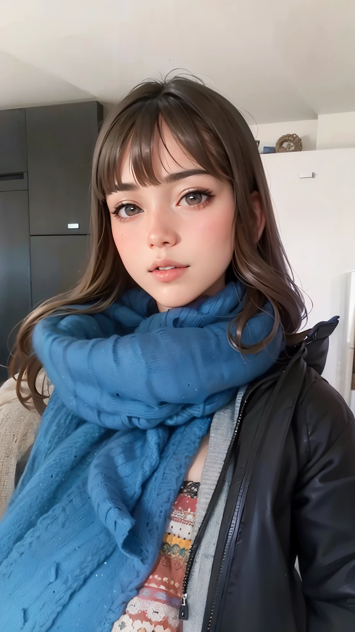 arafed woman wearing a blue bufanda and a black jacket, bufanda, bella delfina, Retrato de Sophie Mudd, Lalisa Manobal, dilraba dilmurat, Kailee Mandel, nodded, 19 year old girl, anna nikonova aka newmilky, con flequillo, brown hair and big eyes