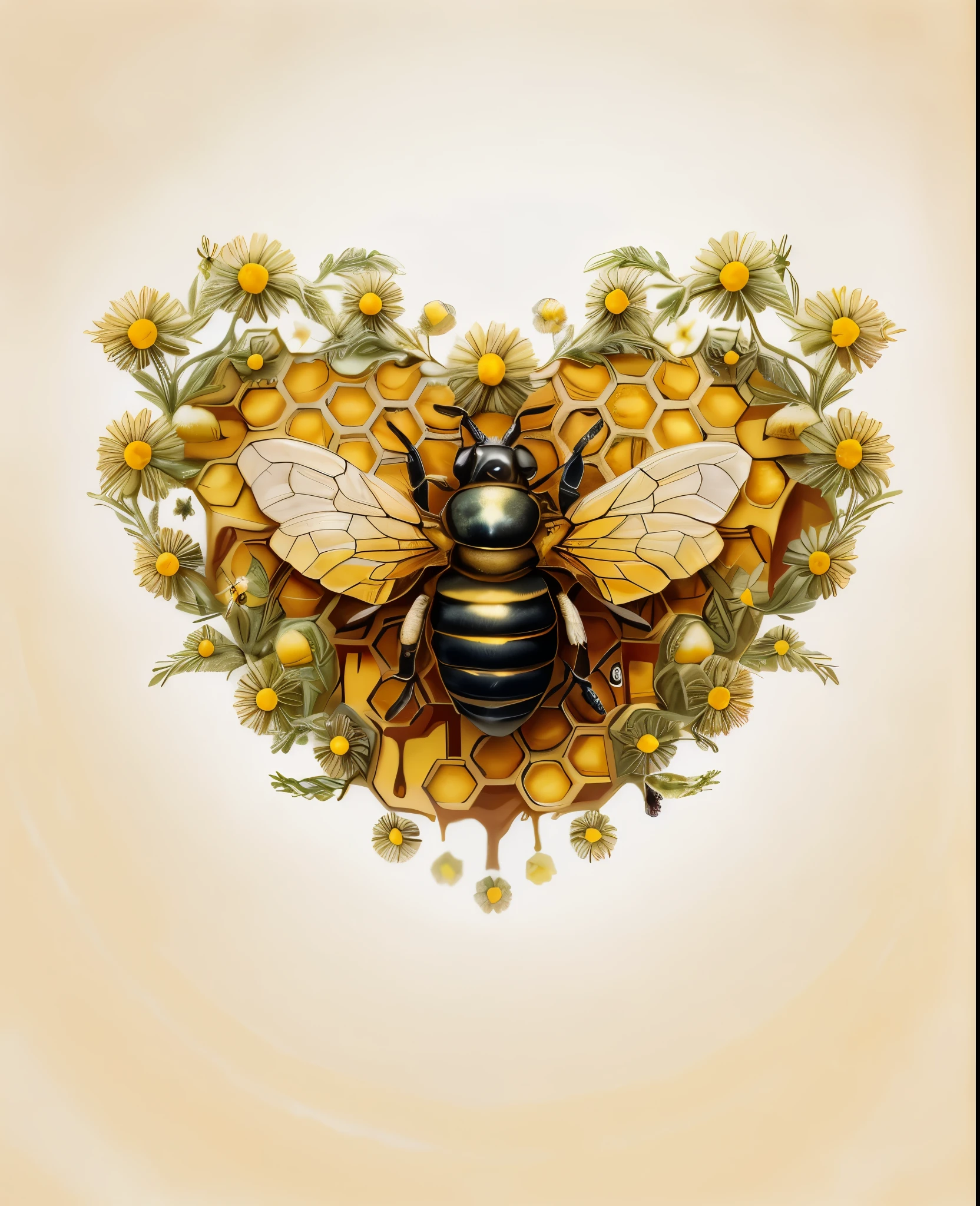 there is a bee that is sitting on a honeycomb, made of bees, closeup painting of bee, highly detailed illustration.”, (bee), higher detailed illustration, bee, highly detailed illustration, painting big bees flying around, made of honey, masterpiece work of art, bees, by Lennie Lee, high detailed illustration, hyperdetailed illustration, very detailed illustration