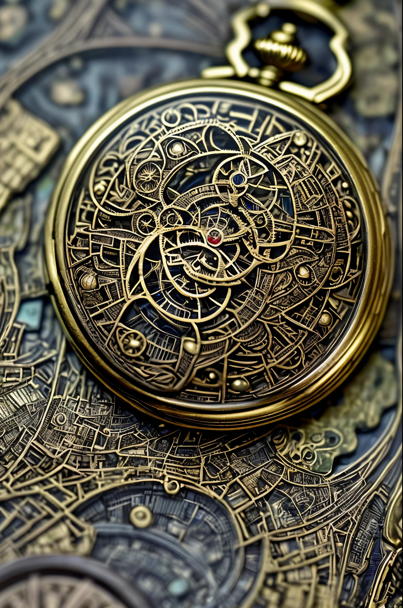 A bustling intricately detailed cityscape miniature unfolding within the confines of a vintage brass pocket watch, masterpiece, whimsical
