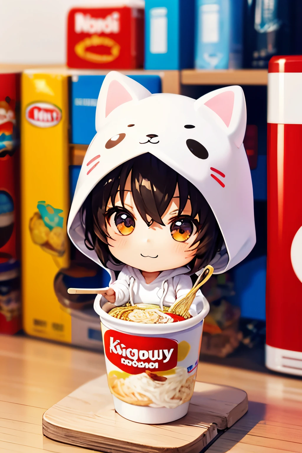 (Chibi:1.3), happy, (Cup Noodles), full body, (Kigurumi), indoors, on the table, (Nendoroid:1.1),