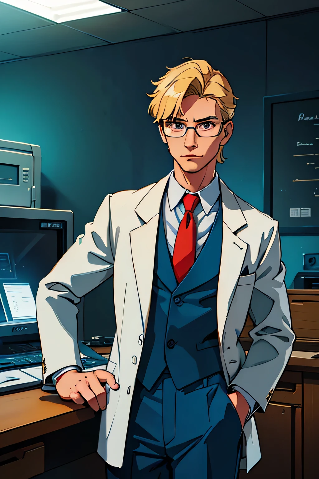 (2D stylized image 1.0), Scientist at a research laboratory, blonde male, in a lab coat, red tie, blue vest, grey slacks, eyeglasses, 80s, retro horror, dark, horror-themed, adult, hand painted (best quality, masterpiece) neon lights