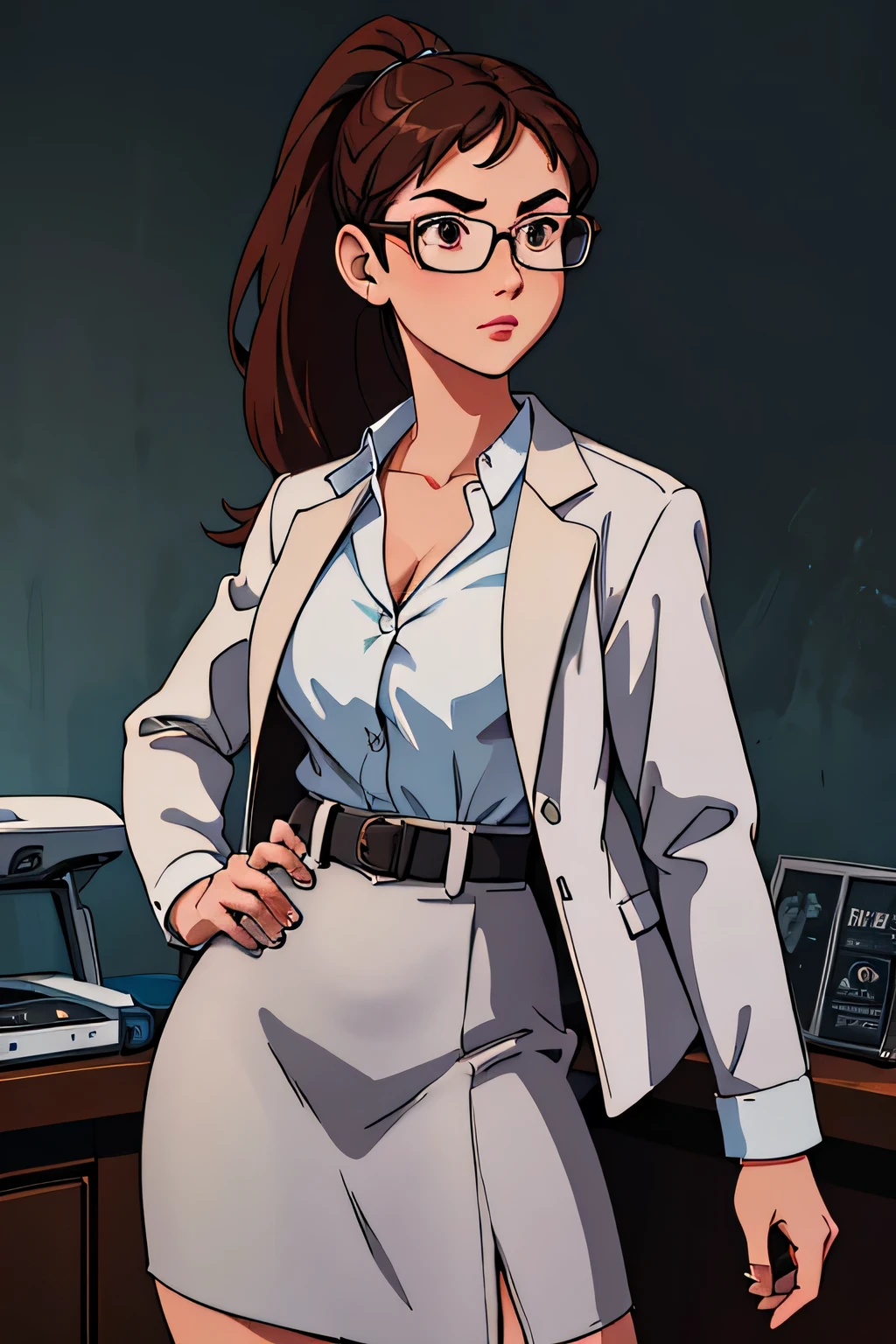 (2D stylized image 1.0), Business woman at a Science Laboratory, light grey skirt, white dress shirt, grey jacket, thick belt on waist, brown hair, ponytail, eyeglasses, 80s, retro horror, dark, horror-themed, adult, hand painted (best quality, masterpiece) neon lights