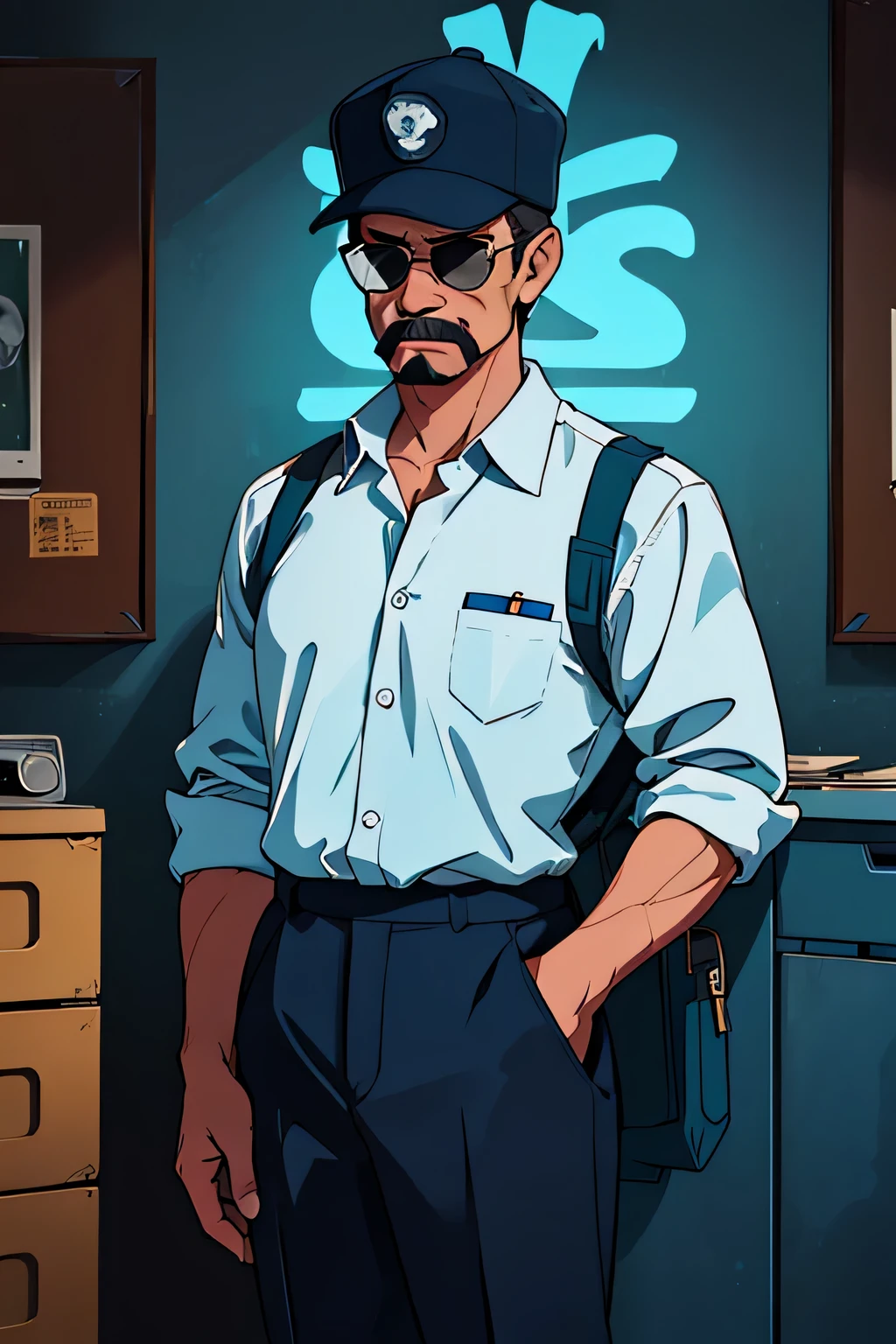 (2D stylized image 1.0), Security Guard at a research laboratory, dark blue slacks, white dress shirt, wearing a cap, big mustache, brown hair, sunglasses, 80s, retro horror, dark, horror-themed, adult, hand painted (best quality, masterpiece) neon lights