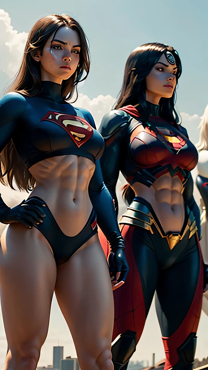 cinematic frame: Three slender, powerful and muscular superhero girls, top three/4 profiles, One by one, all with visible abs. The distant girl is wearing a tight Spider-Man costume., Tightly fitted, the middle girl is wearing a tight Batman-themed top and a mask, Tightly fitted, her abs are visible, the closest girl with long hair is wearing a tight Superman-themed top, Tightly fitted, her abs are visible. I stand epically against the blue sky and look into the distance.. Cinematography, Super Heroes, heroic pose, filmed with low angle camera, Poster with realistic characters. -- AR 9:16 --v 6 --style 250