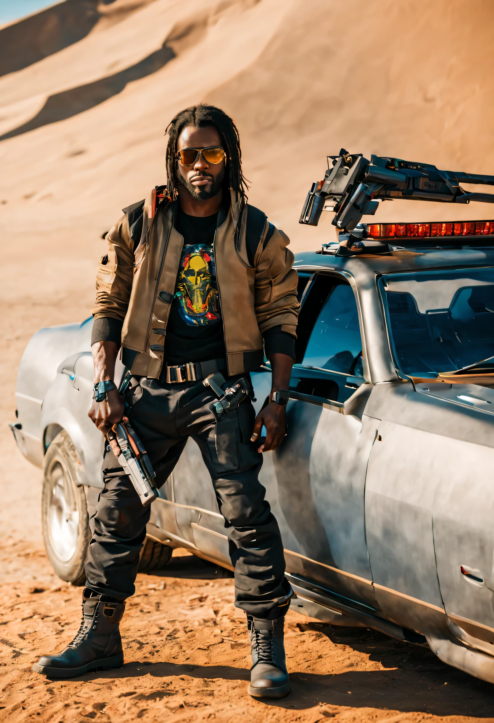 black man, dressed like a cyberpunk nomad, long straight hair, holds a big sawn off shotgun, wears sunglasses, next to a cyberpunk desert car