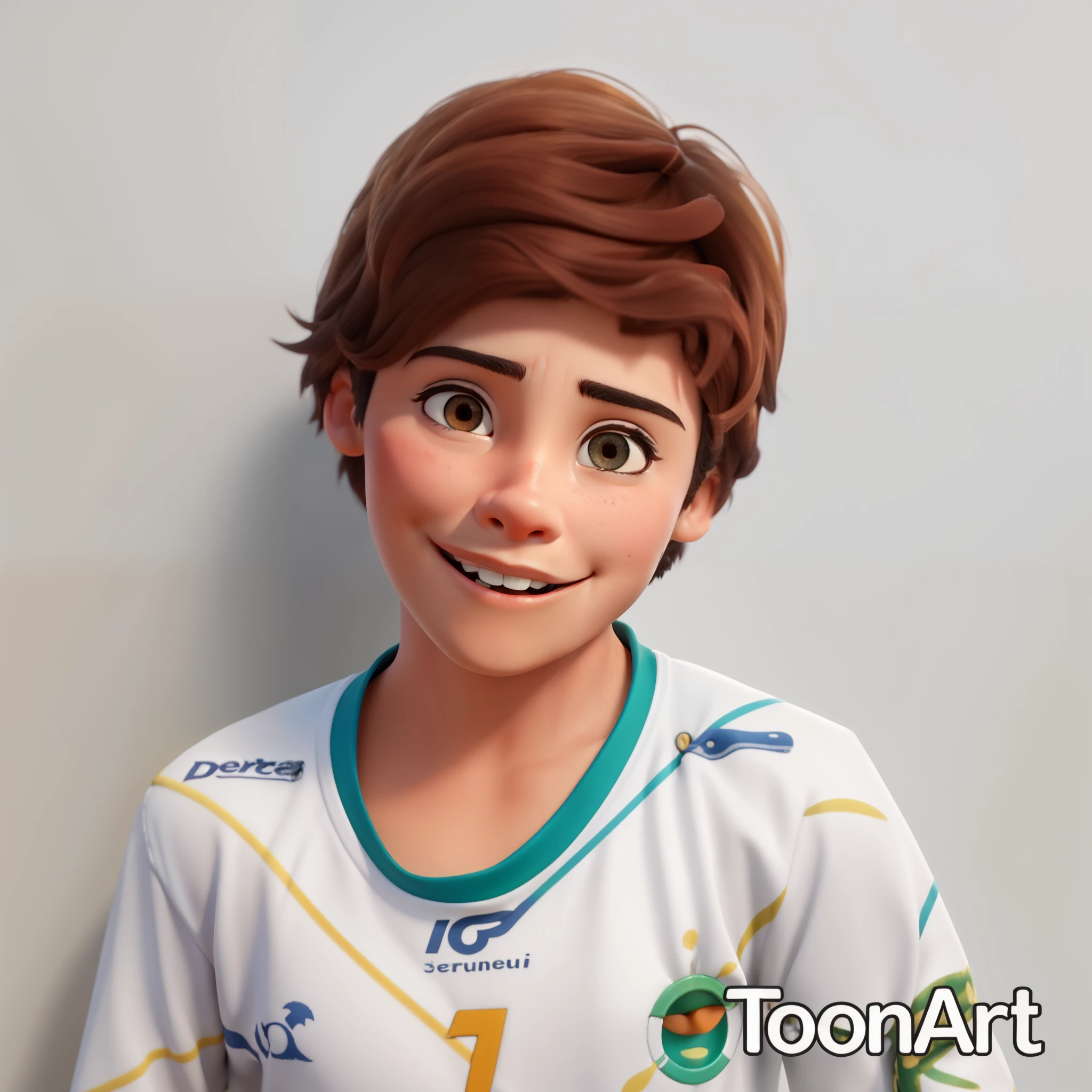 Bento Arruda, a 12-year-old , de pele branca, cabelos curtos e castanhos, olhos castanhos. Bento Arruda esta sorrindo olhando diretamente para a camera!