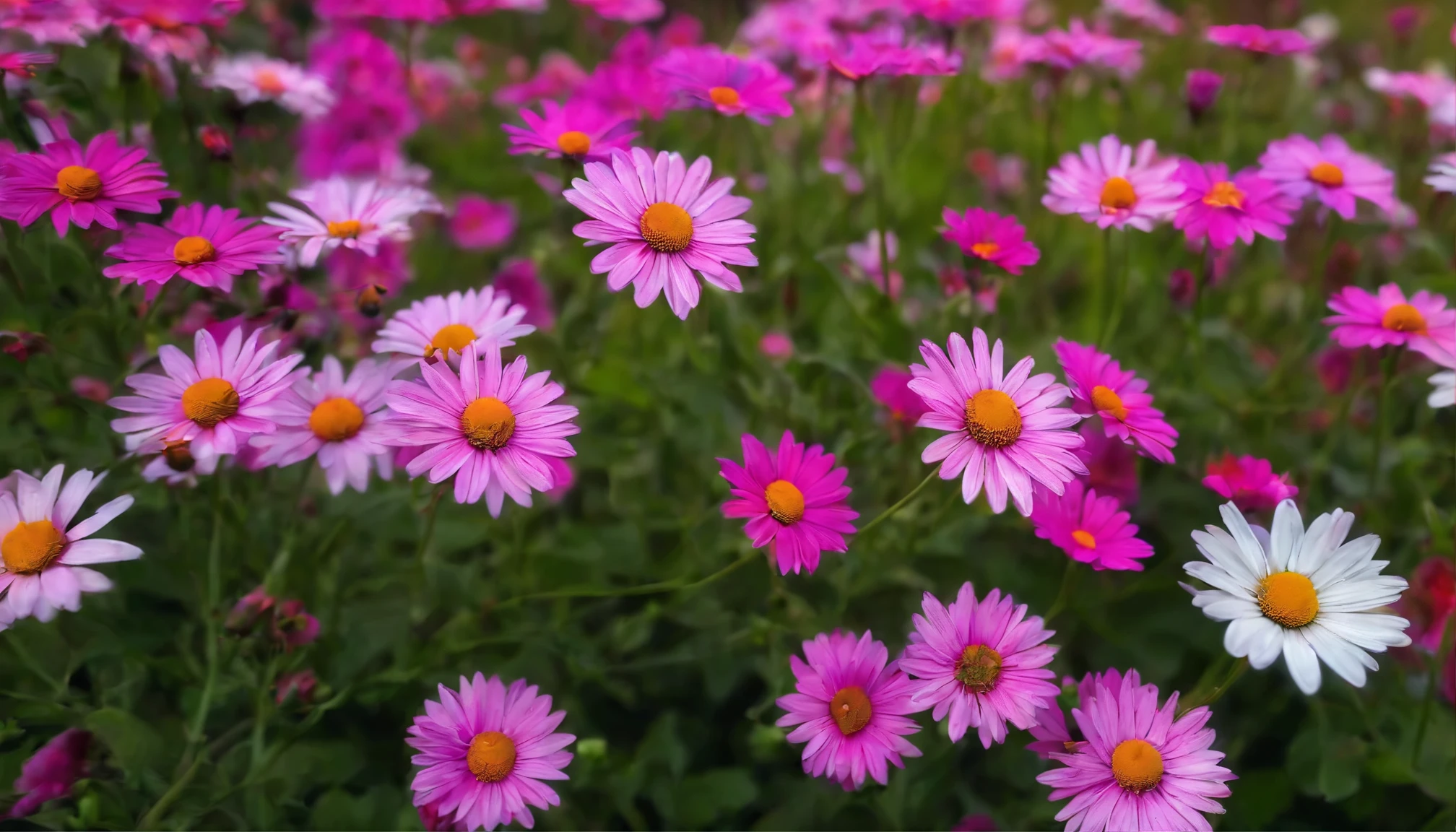 10,000 daisy flowers, Beautiful and perfect, eventide,Fuchsia sky,vibrant with colors.High saturation,