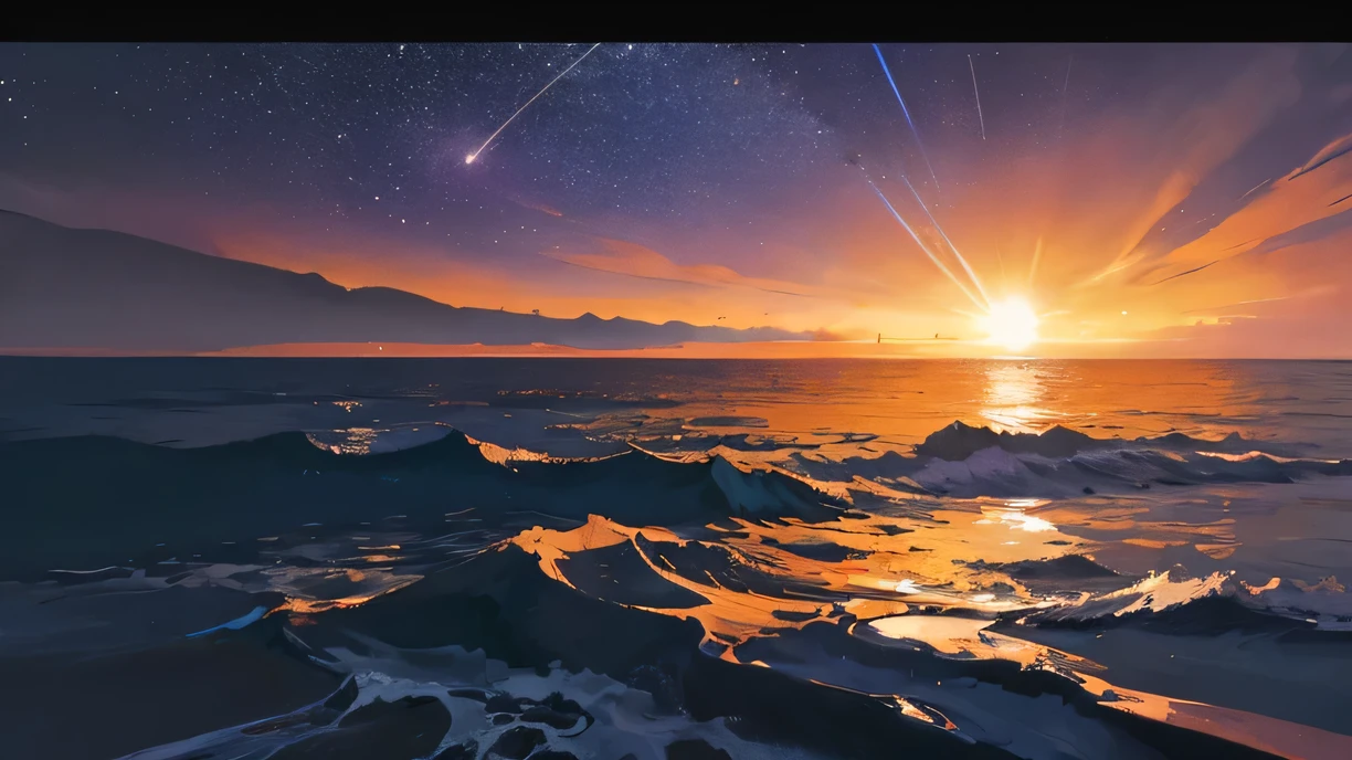 ((highest quality)), ((masterpiece)), (get used to it), new york,of,cinematic, landscape photography, A bright shooting star sinking into the sea as seen from a ship,藍色of夜空of平面的な視点, Capture calm moments, now, wide angle shot, 8K ultra-high resolution, Digital single-lens reflex camera, ナショナル ジオグラフィックof写真スタイルで, 静けさと畏敬of念を呼び起こす, golden hour lighting, 深いオレンジofカラーパレット, purple, and blues, Minimal and ultra-avant-garde art style, ムードと質感を向上させる複数of洗練されたフィルター効果. unmanned, No Man, Not for women,rain,rain