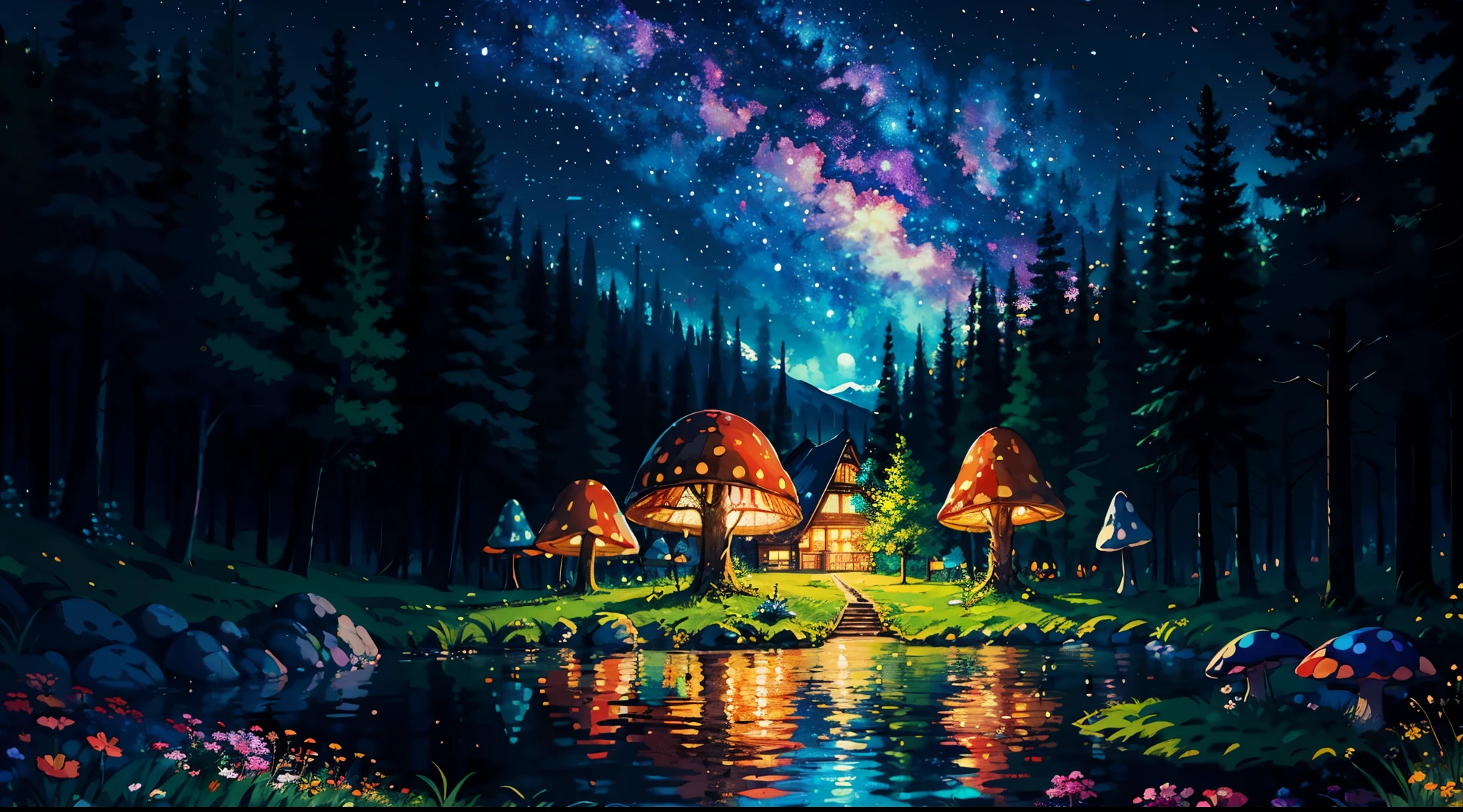 landscape, More trees, a small lake in the middle, surrounded by various colorful mushrooms, dreamy style, colorful, wallpaper. starry night