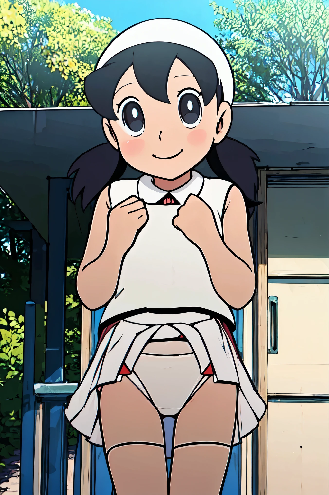 Shizuka, NSFW, Anime_Coloring、A smile、thighs、(Skirt lift:1.3), (detaile white panties:1.3)、(Skirt that rolls up:1.3)、(Fully exposed panties:1.5)
