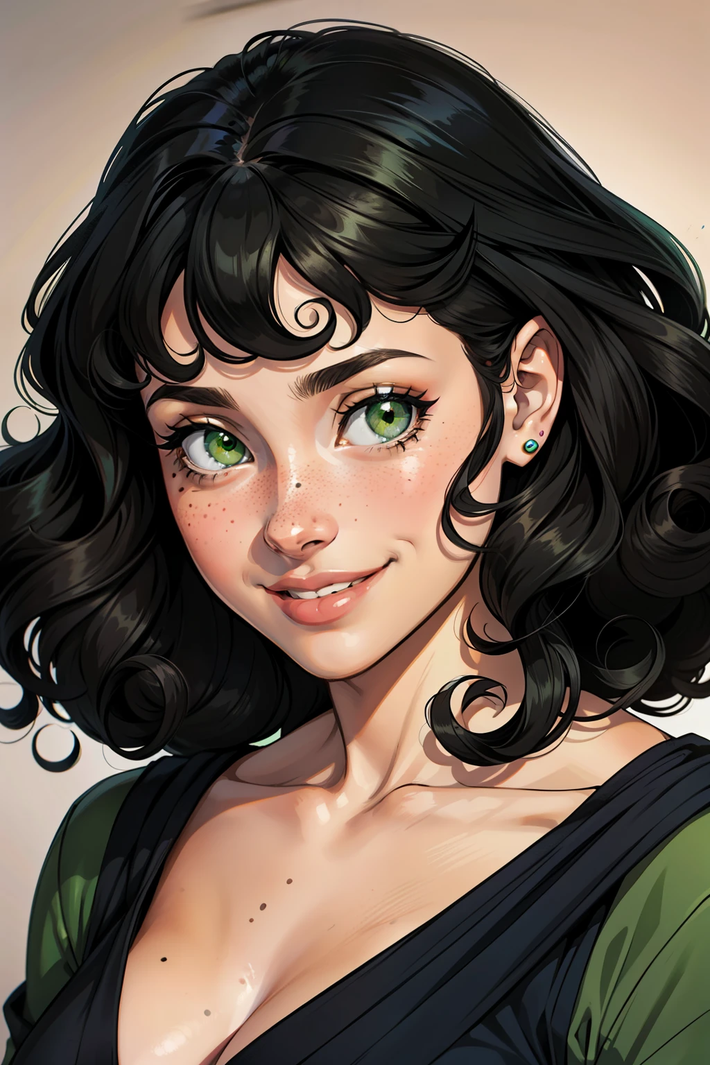 one girl, 18 years old, smile, slanted eyes, princess, black curly hair, curly bangs, green eyes, pecas, retrato