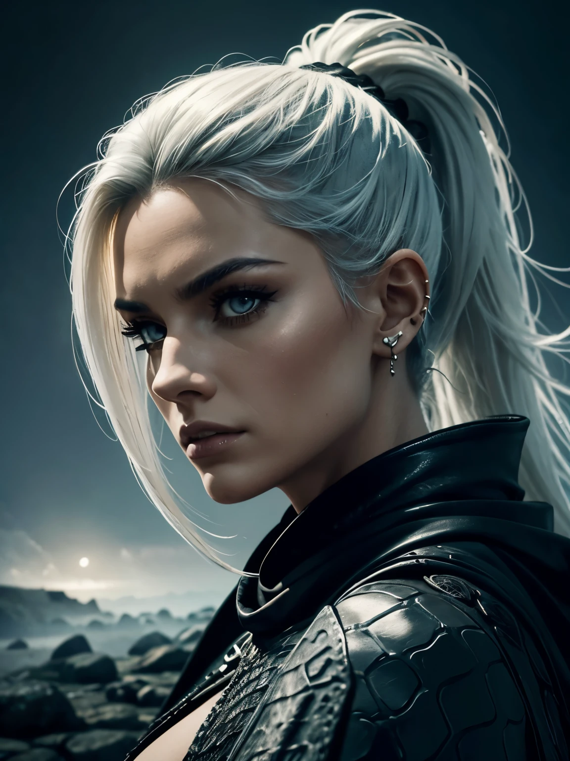 an detailed dystopian painting, rough, (wide shot), a woman from low angle, with beautiful face and attractive appearance, stands on a rock, piercing gaze, front view. with a ponytail white hair, Her face is adorned in tribal tattoo. she wears intricate black armor made of crocodile skin leather and cloak, holding an intricate sword. dark tones, dimmed moonlight illuminate the scene, with fog effect. Edge of dark forest in the background