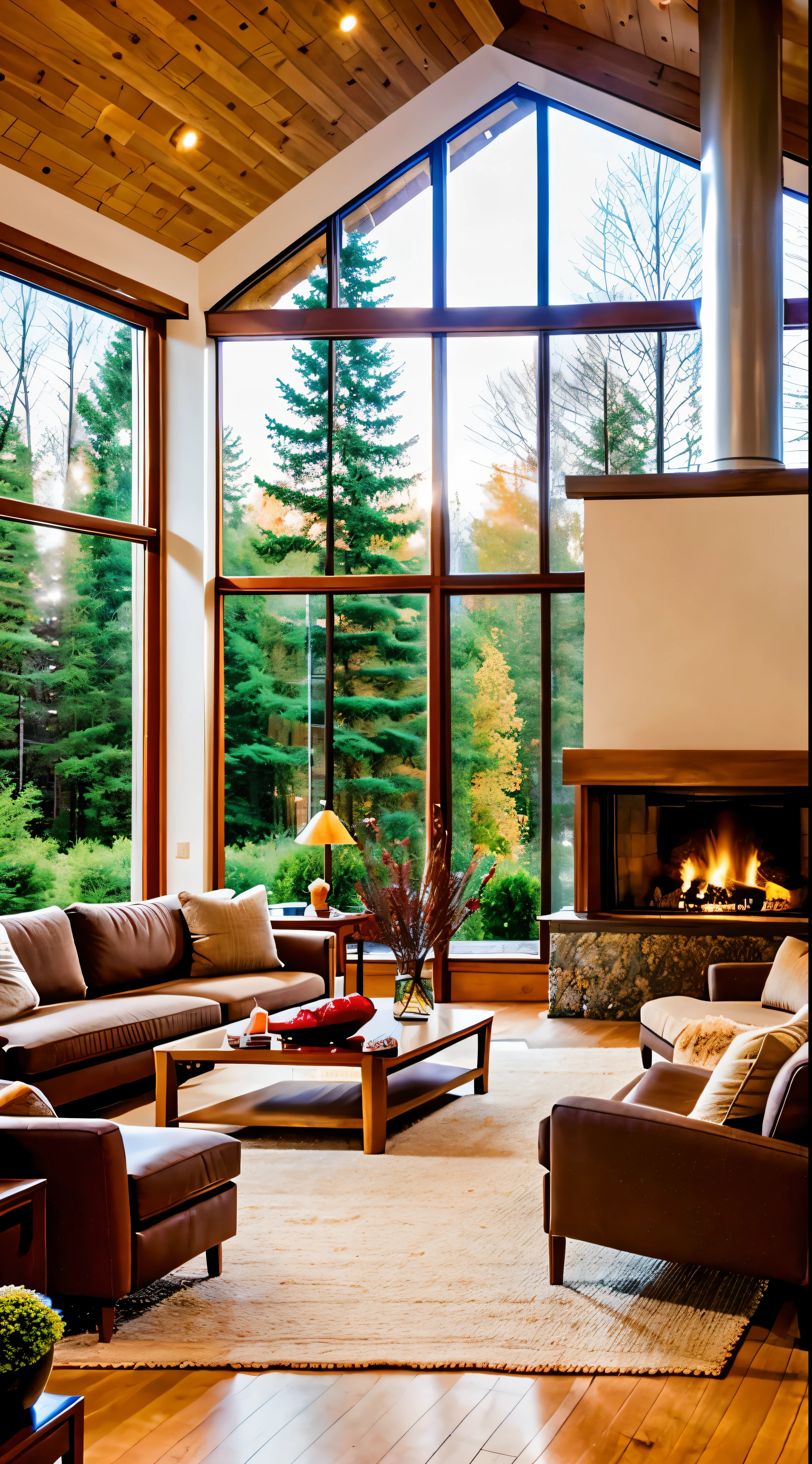Describe a room in a pleasant house, prepared for a romantic dinner by the warm glow of candles and the fireplace, with a large television and expansive windows offering a view of the serene outdoors. The interior of the house is meticulously crafted from carefully selected and blended wood, striking a balance between modernism and sophistication. The room is not cluttered with excessive furniture, creating an intimate atmosphere by the fireplace. The scene is set for a cozy evening, with the ambiance perfect for a romantic occasion, capturing the imagination and stirring the soul, 4k