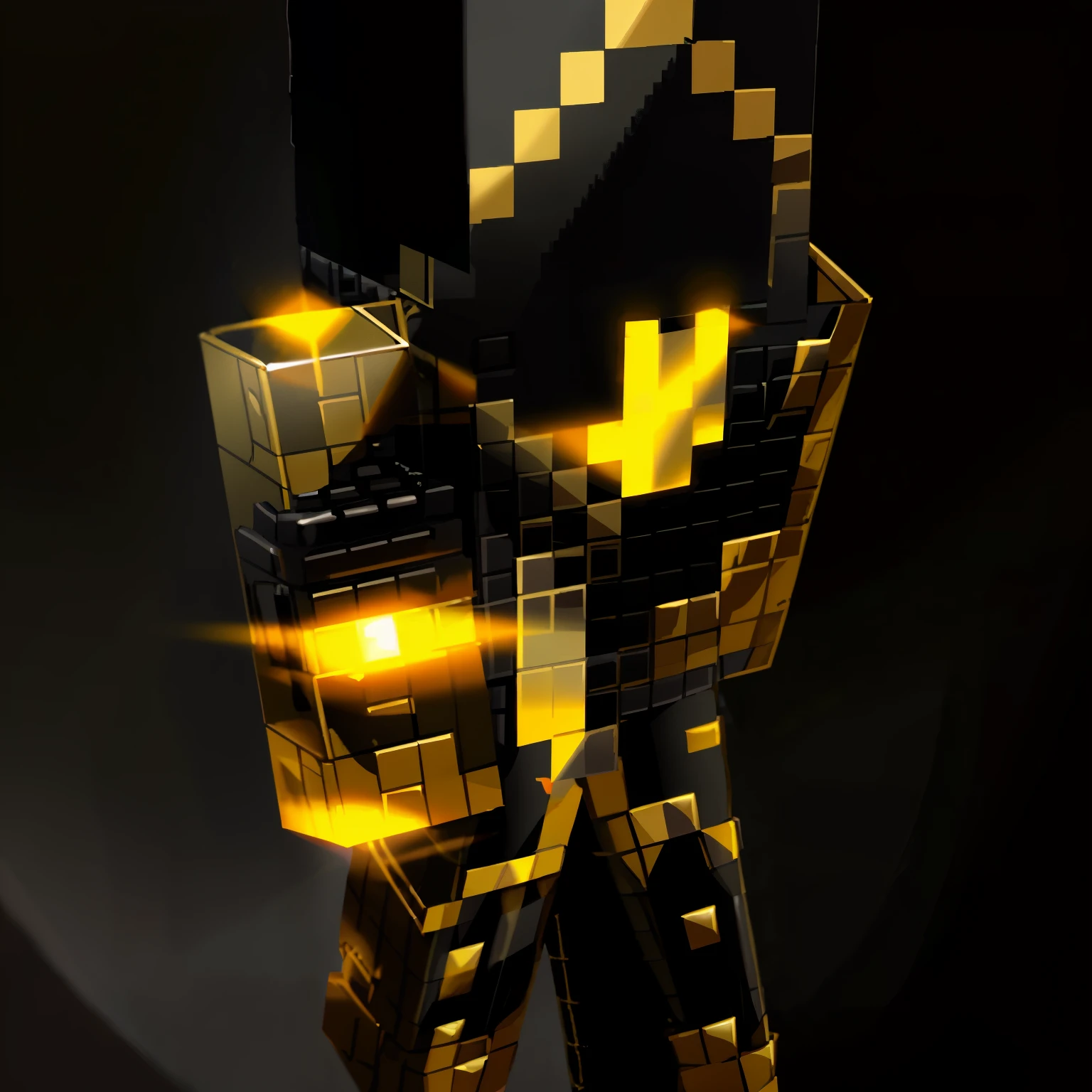 Close-up of pixel character holding sword in hand, black and gold armor, black and golden armor, Gold Obsidian Armor, obsidian skin, dark skin, Black fire reflective armor, heavy Gold Obsidian Armor, elegant gold skin, smooth skin, obsidian skin, Black heavy armor with gold trim, smooth golden armor